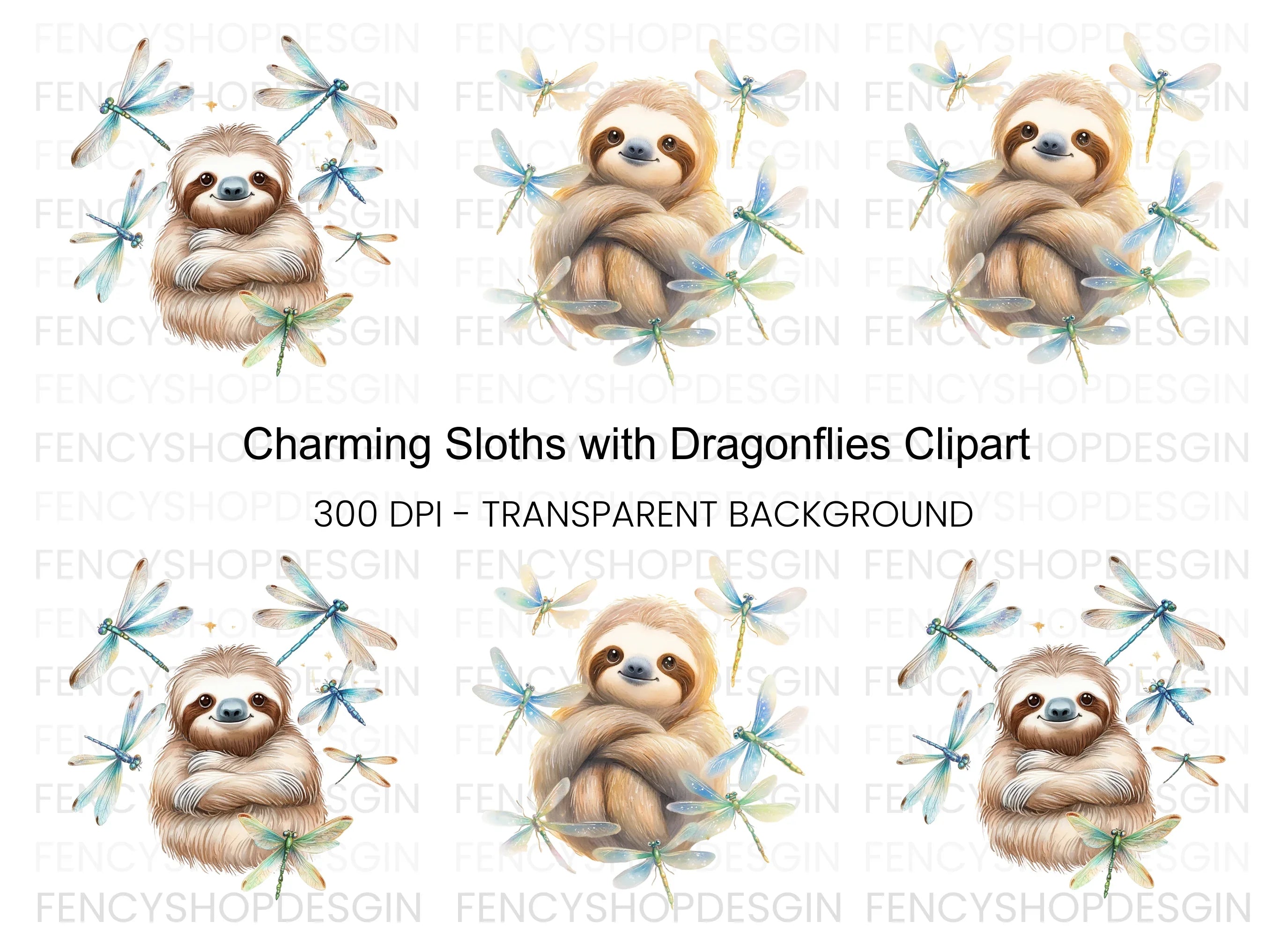 Happy Sloth with Dragonflies Clipart Bundle