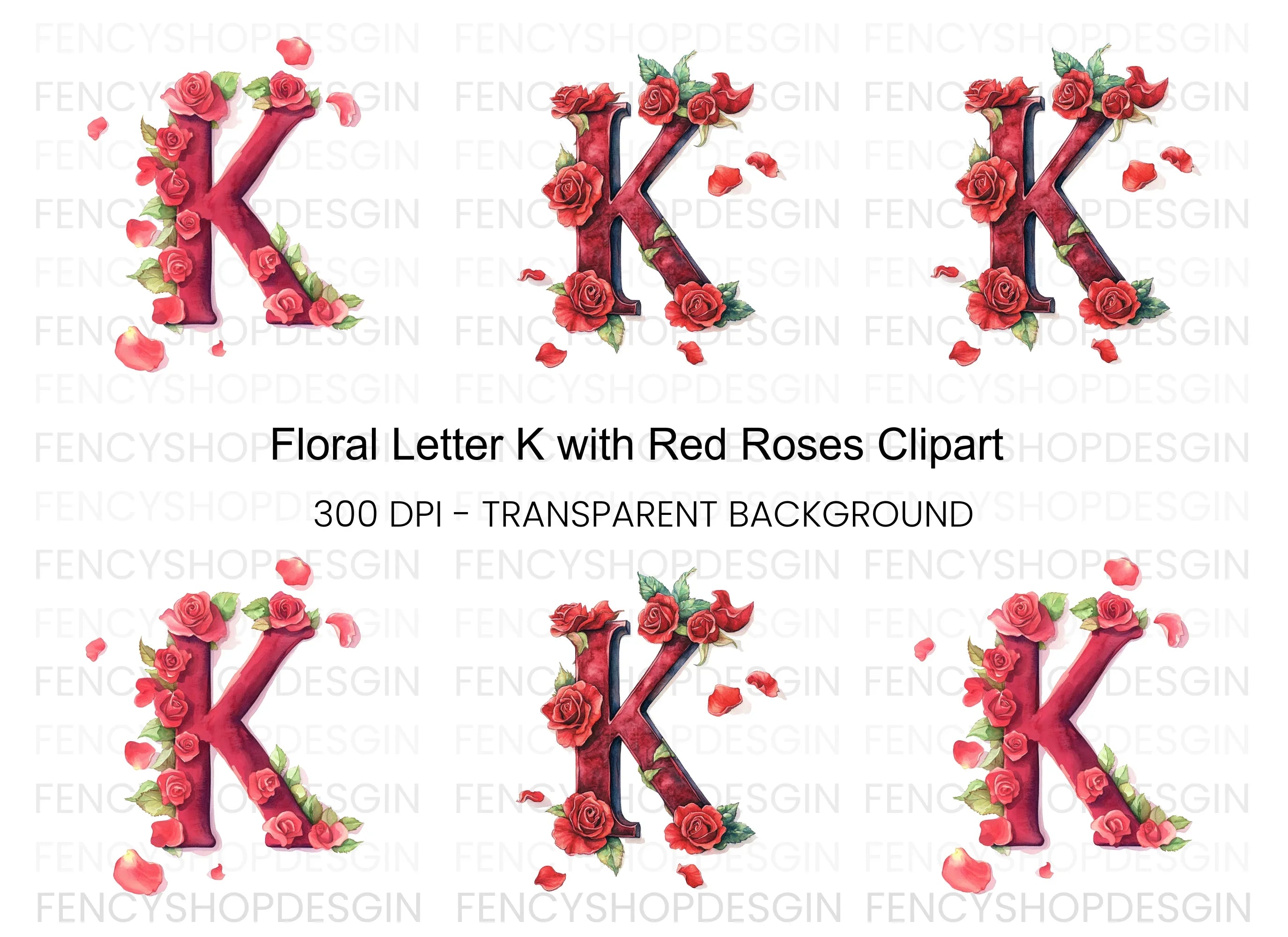 Floral Letter Red Roses Clipart Bundle