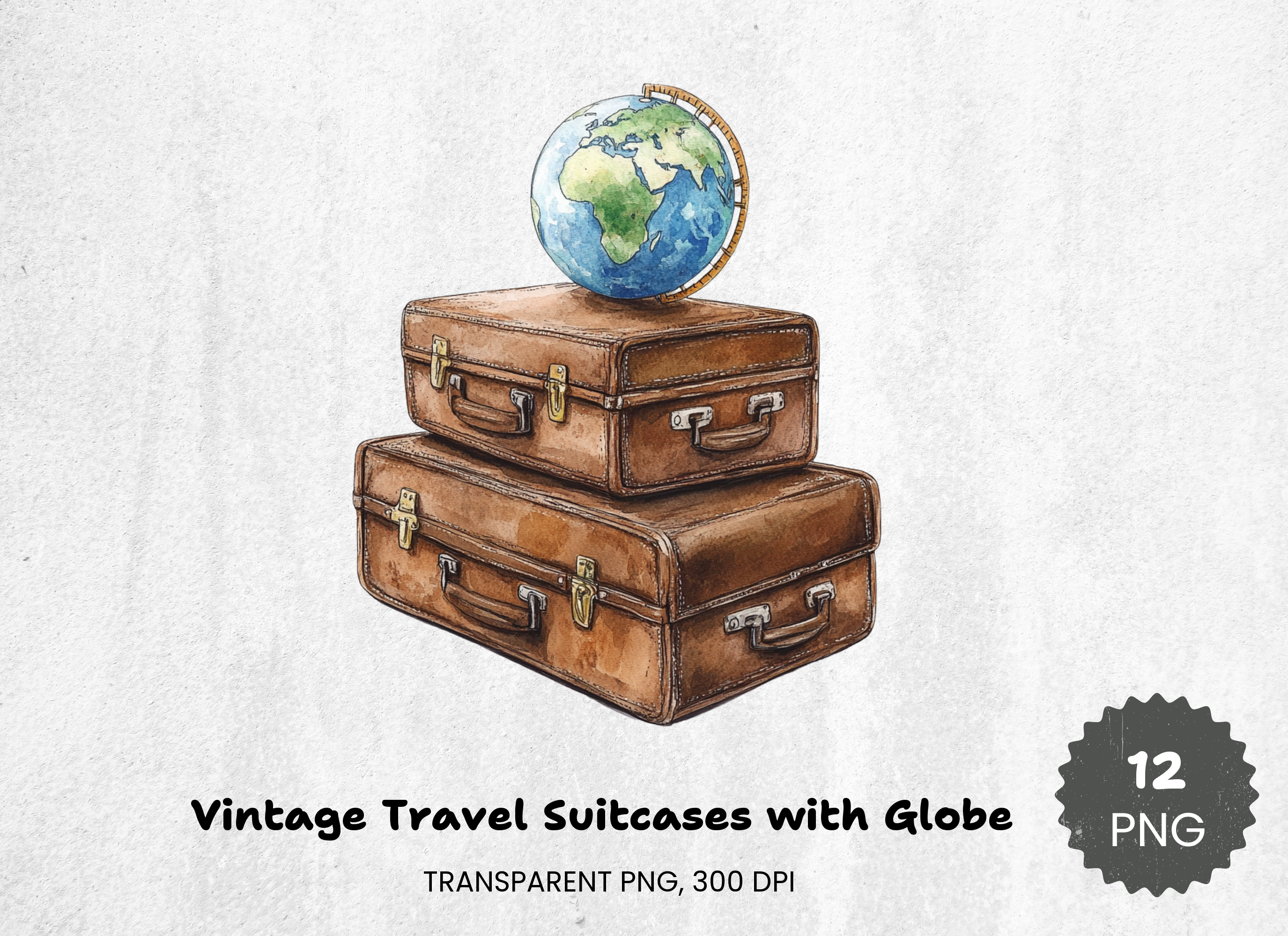 Vintage Travel Suitcases with Globe Clipart Bundle