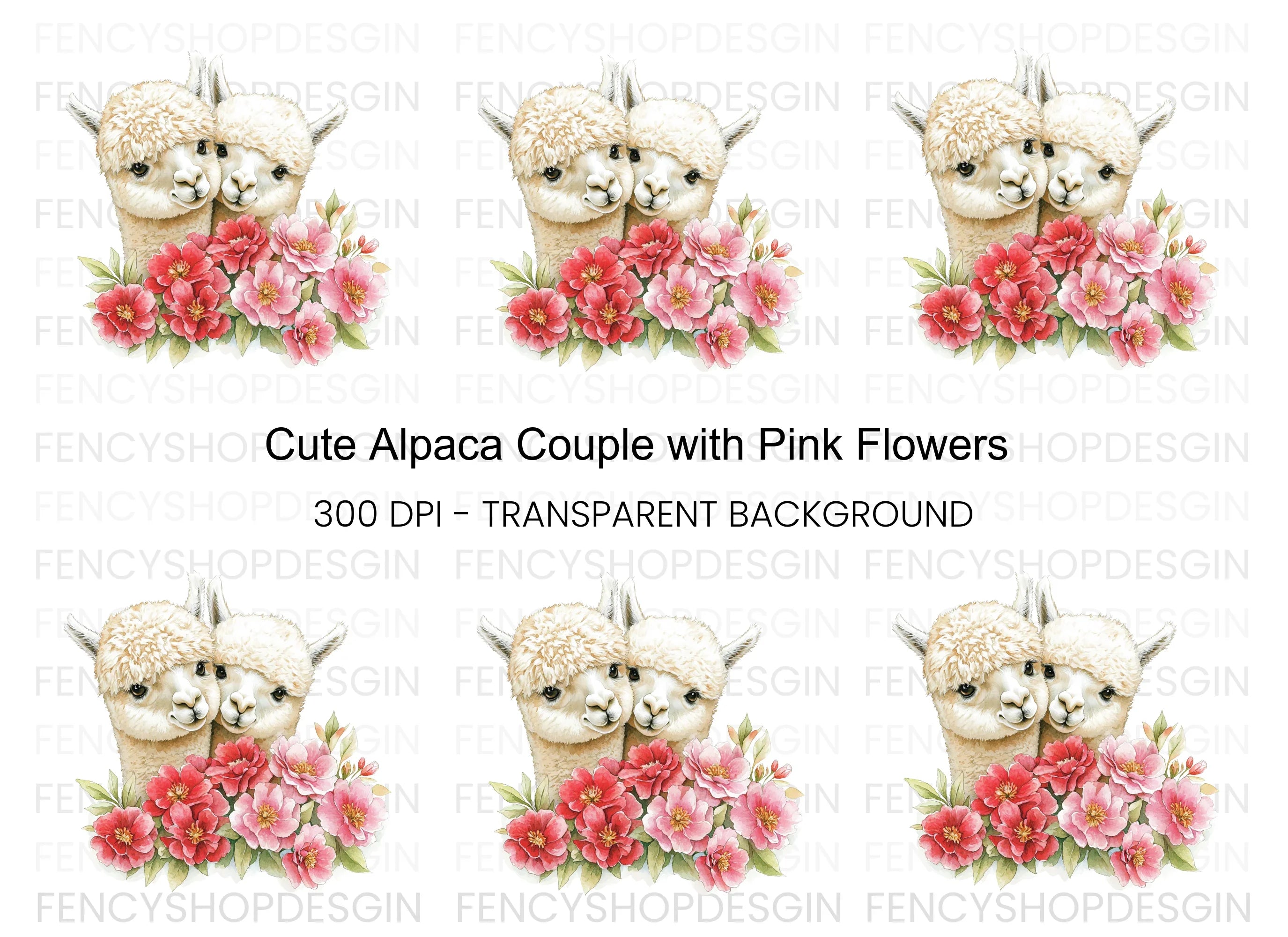 Cute Alpaca Couple with Pink Flowers Clipart Bundle