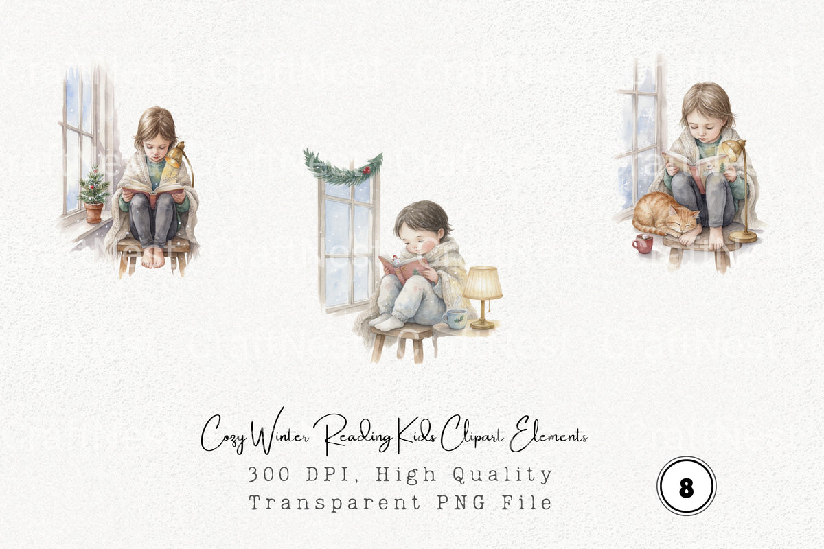 Cozy Winter Reading Kids Elements Clipart Bundle