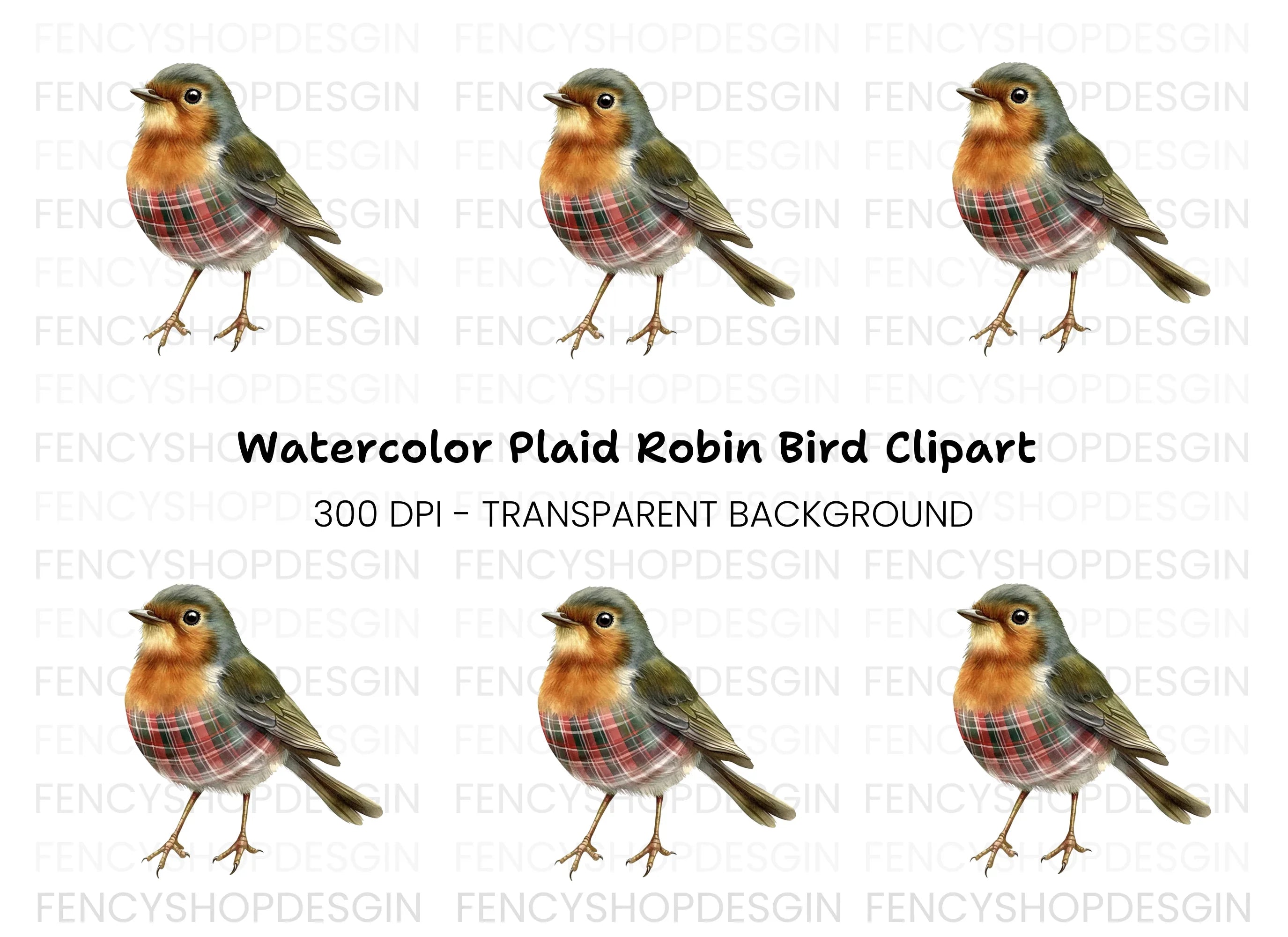 Festive Plaid Robin Bird Clipart Bundle