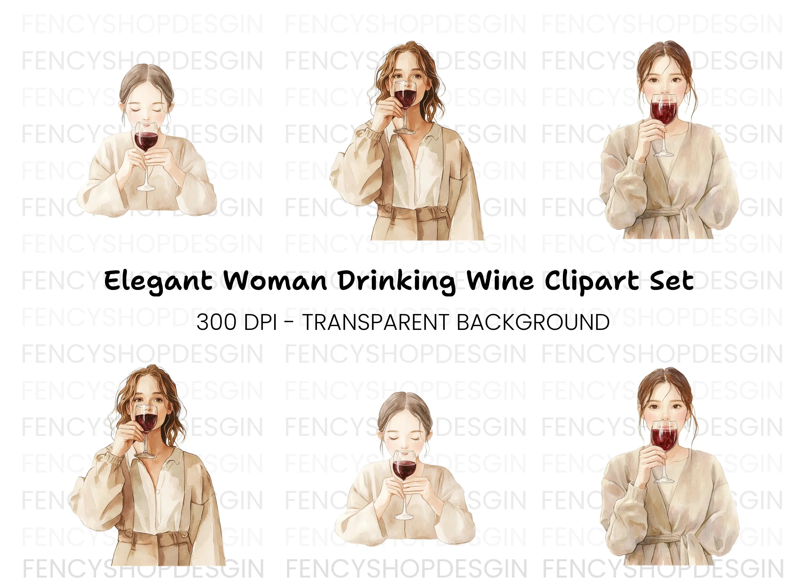 Women Drinking Wine Clipart Bundle