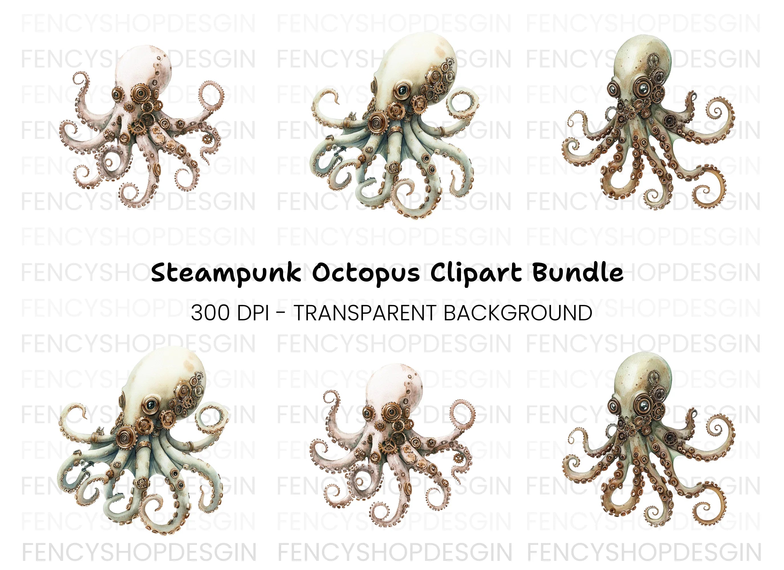 White Steampunk Octopus Clipart Bundle
