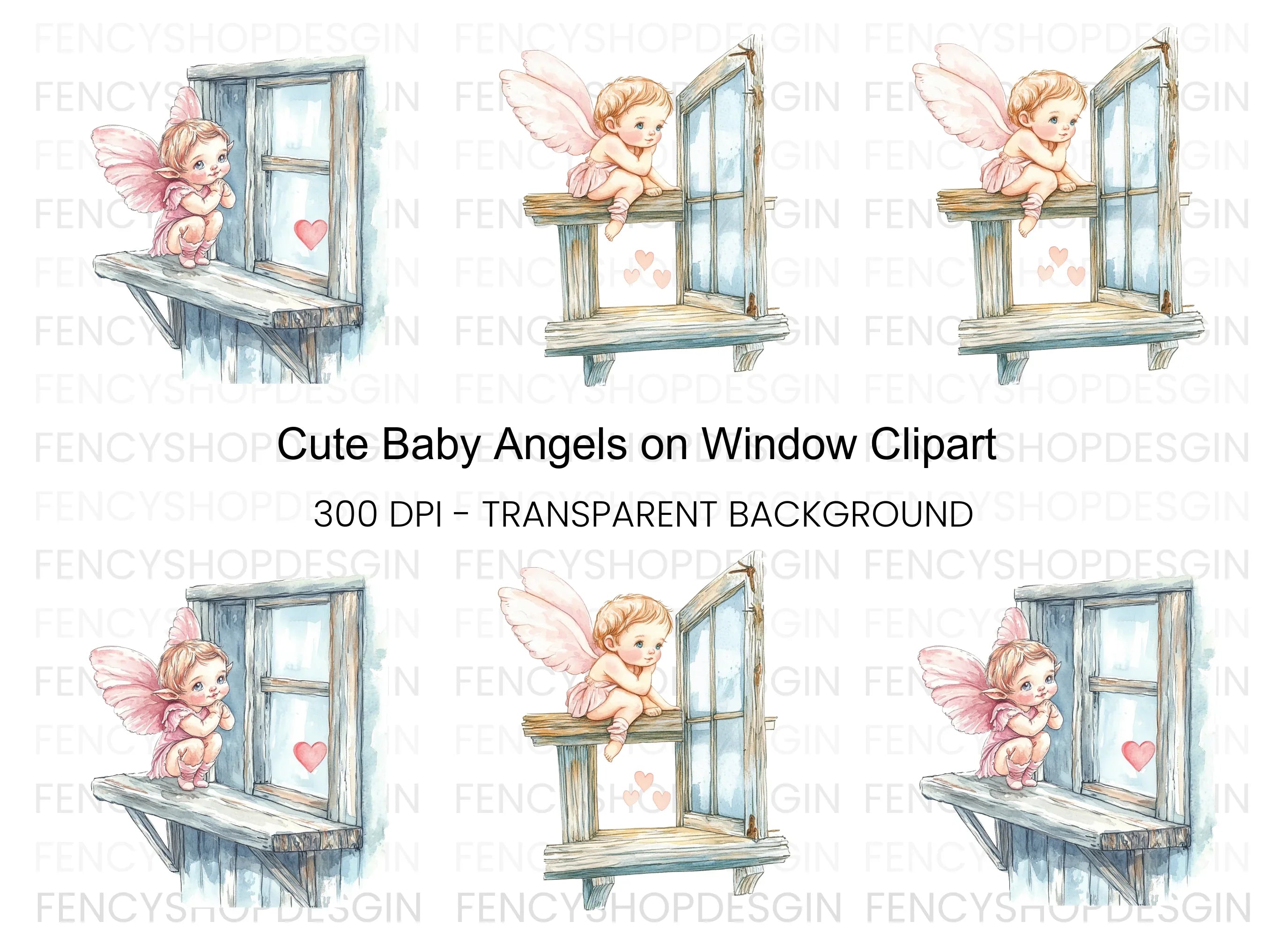 Cute Baby Angels on Window Clipart Bundle