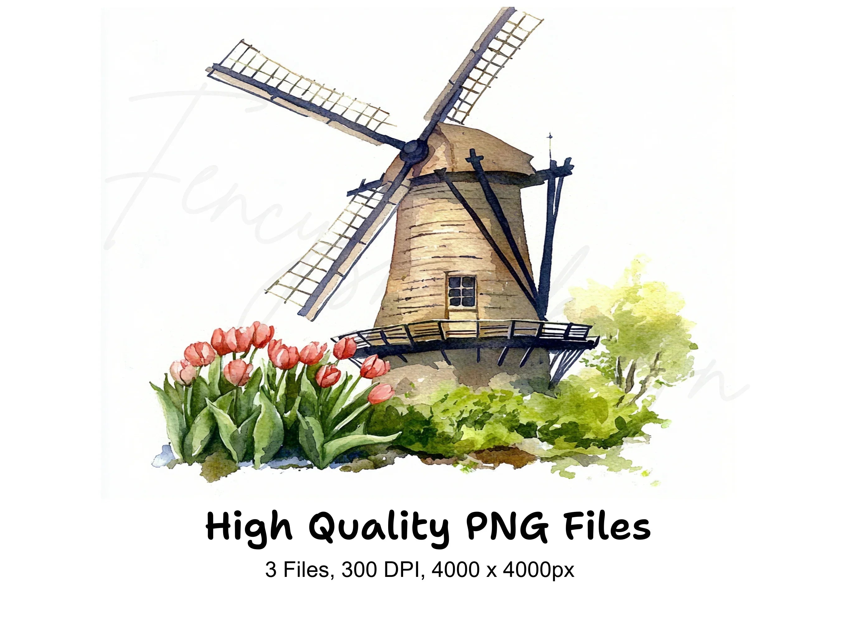Windmill with Pink Tulips Clipart Bundle