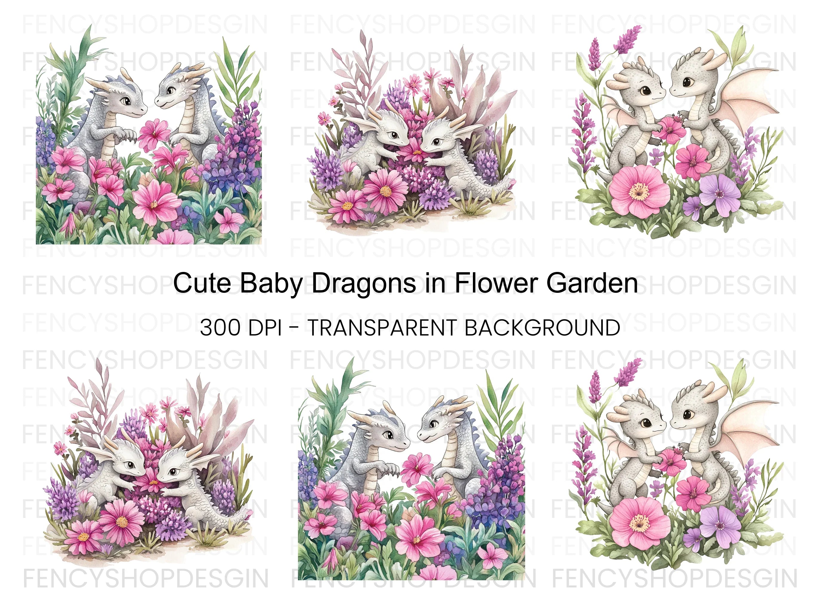 Cute Baby Dragons in Flower Garden Clipart Bundle