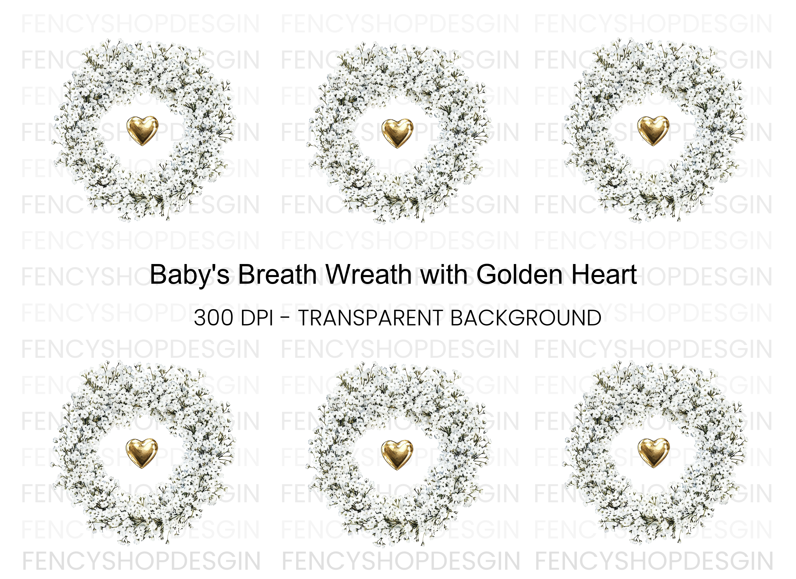 Baby Breath Wreath Gold Heart Clipart Bundle