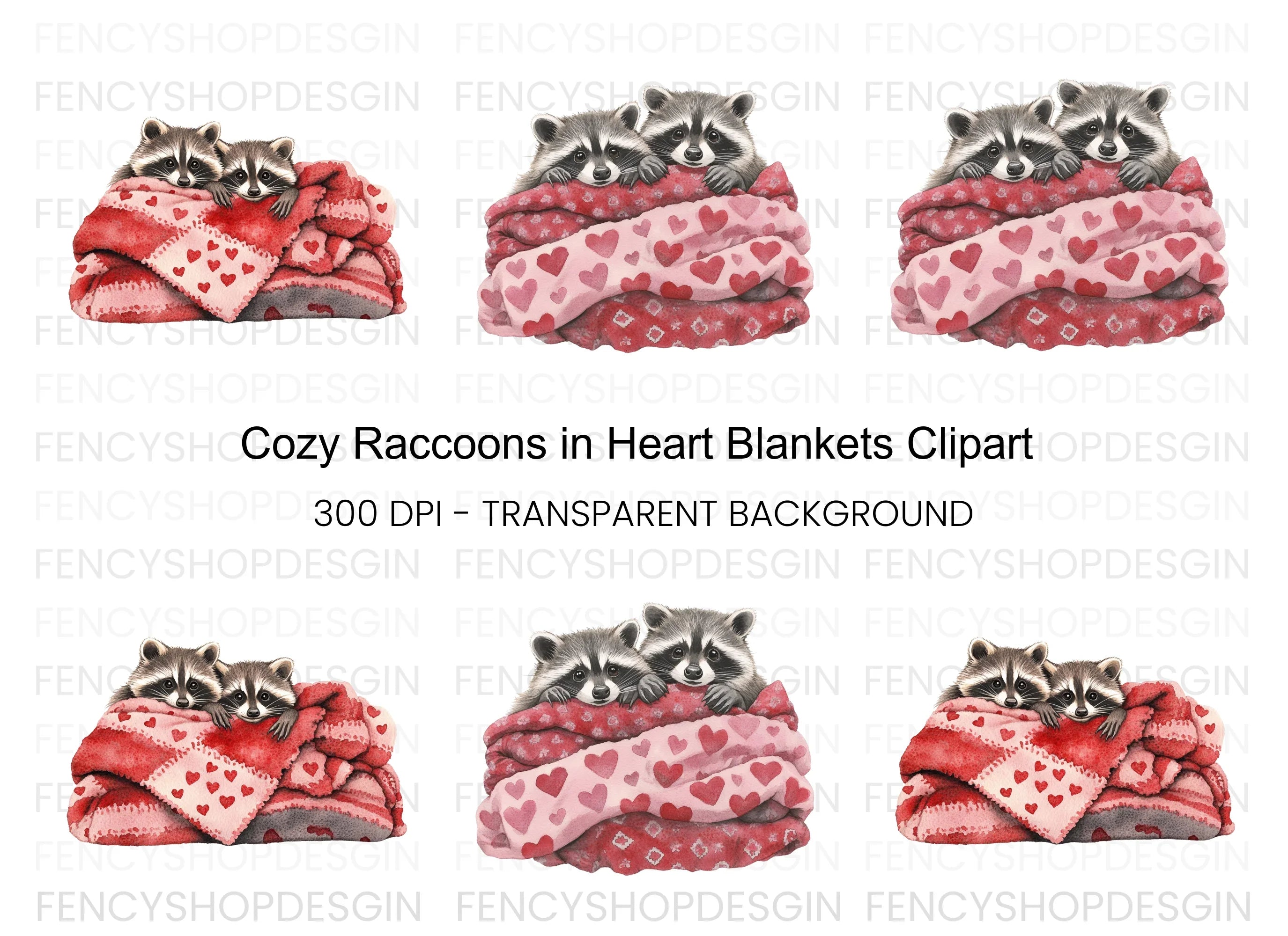 Raccoons in Heart Blankets Clipart Bundle