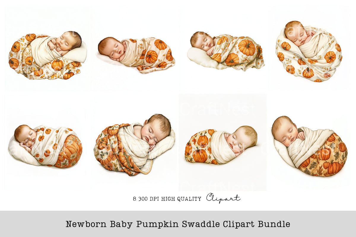 Newborn Baby Pumpkin Swaddle Clipart Bundle