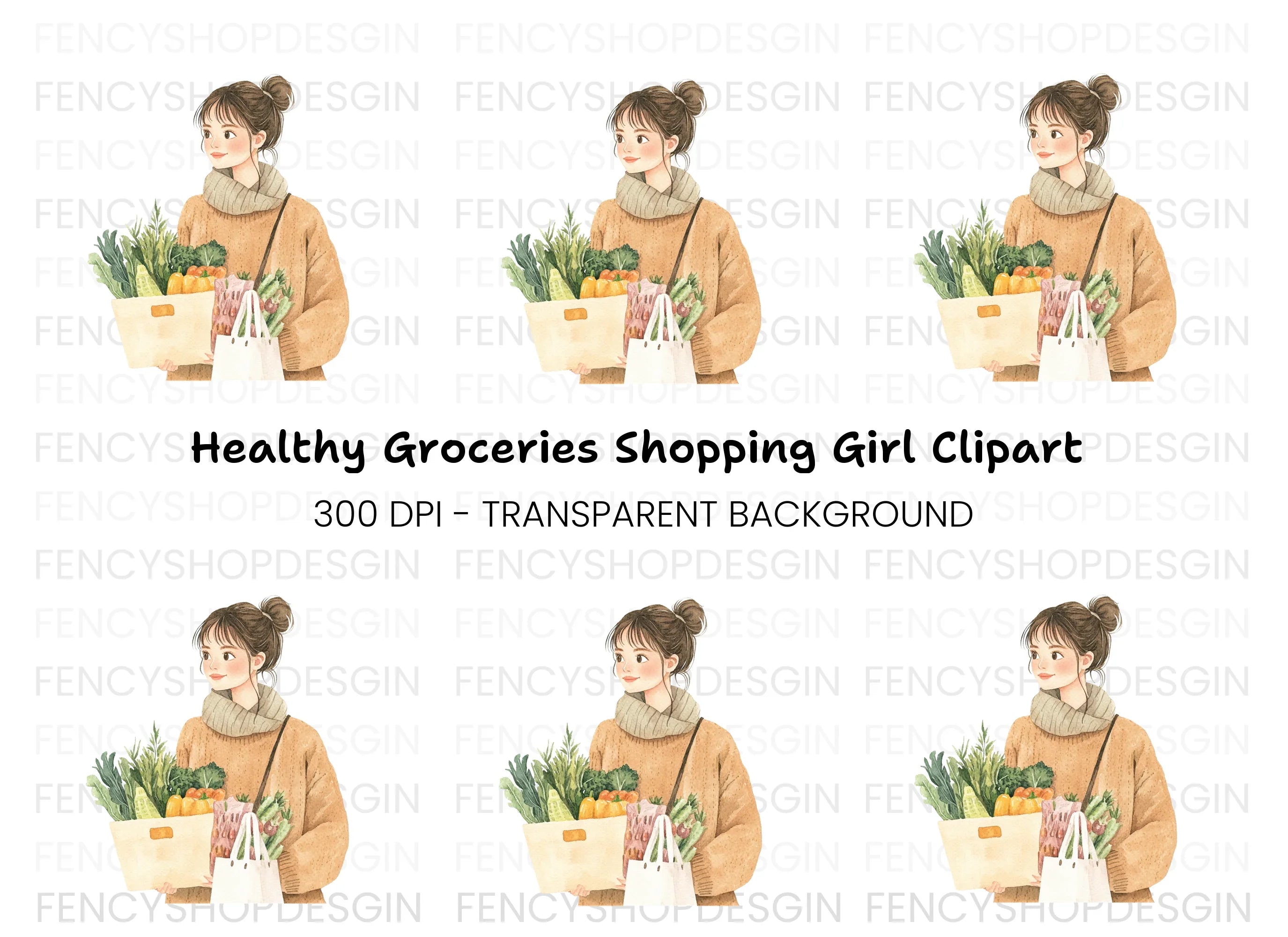 Girl With Groceries Clipart Bundle