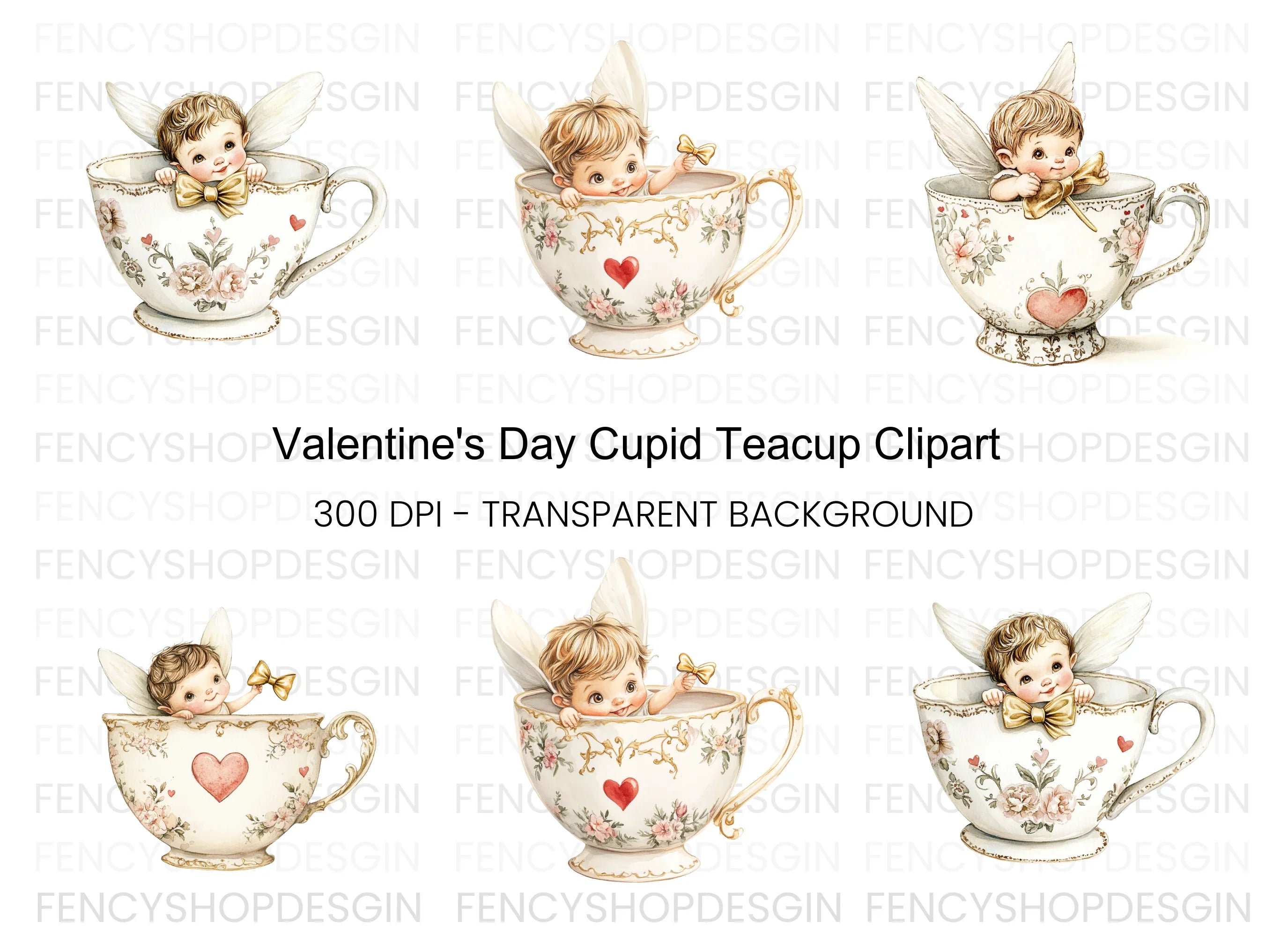 Cute Cherubs in Teacups Clipart Bundle