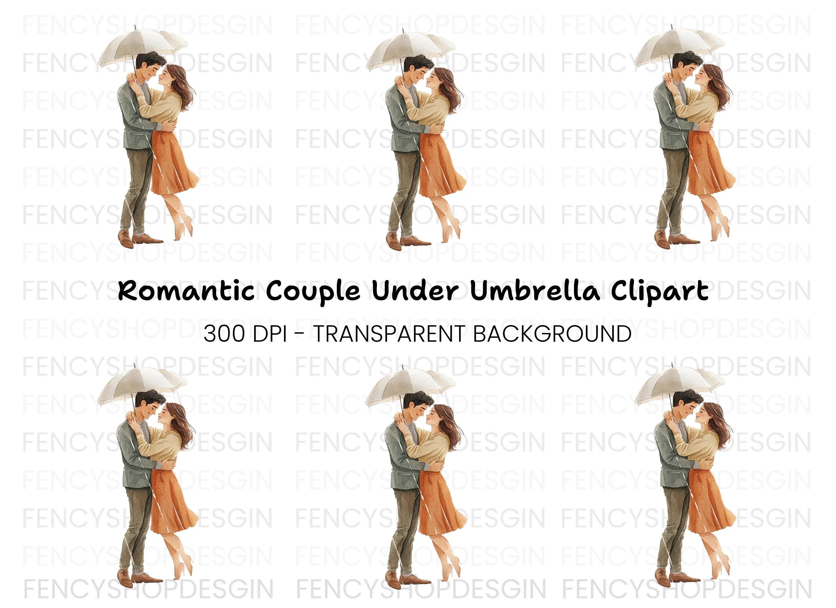 Romantic Couple Under Umbrella Clipart Bundle