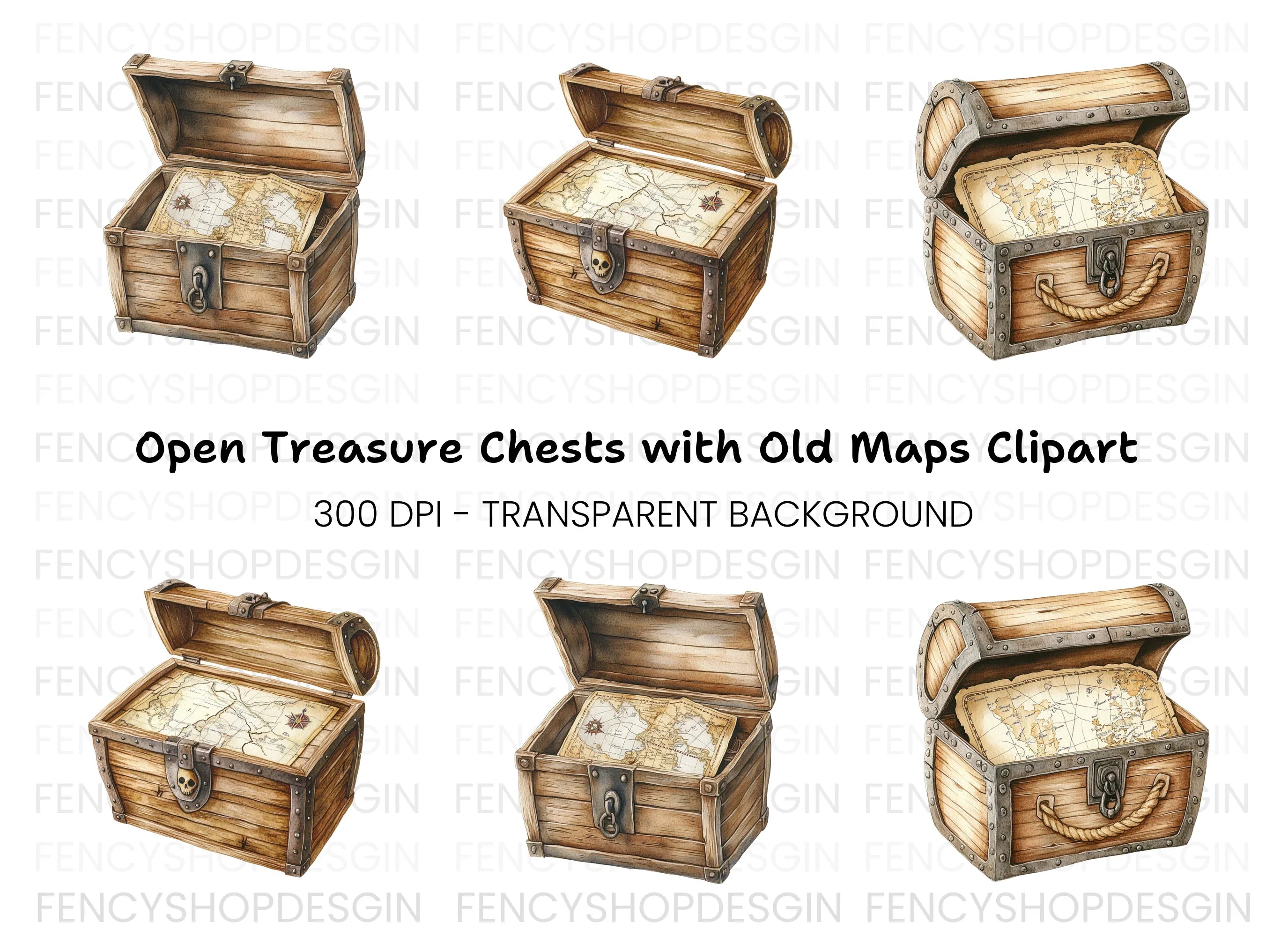 Pirate Treasure Chest with Map Clipart Bundle