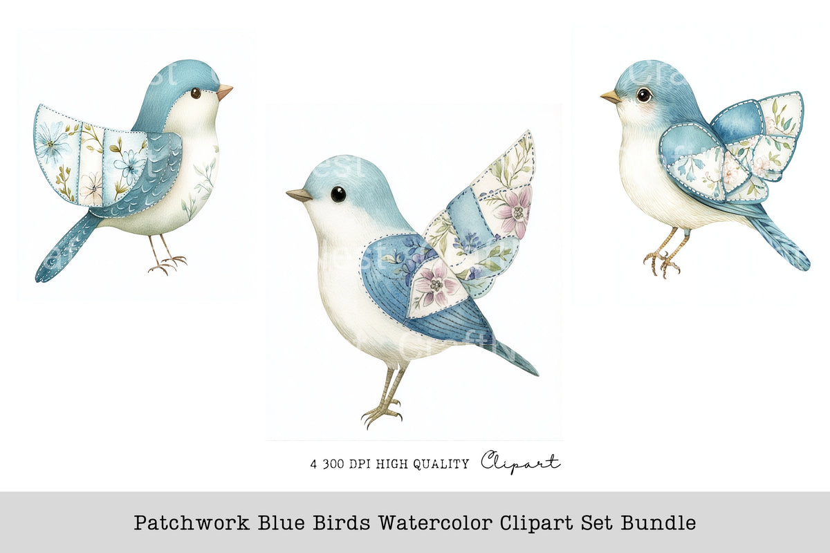Patchwork Blue Birds Clipart Bundle