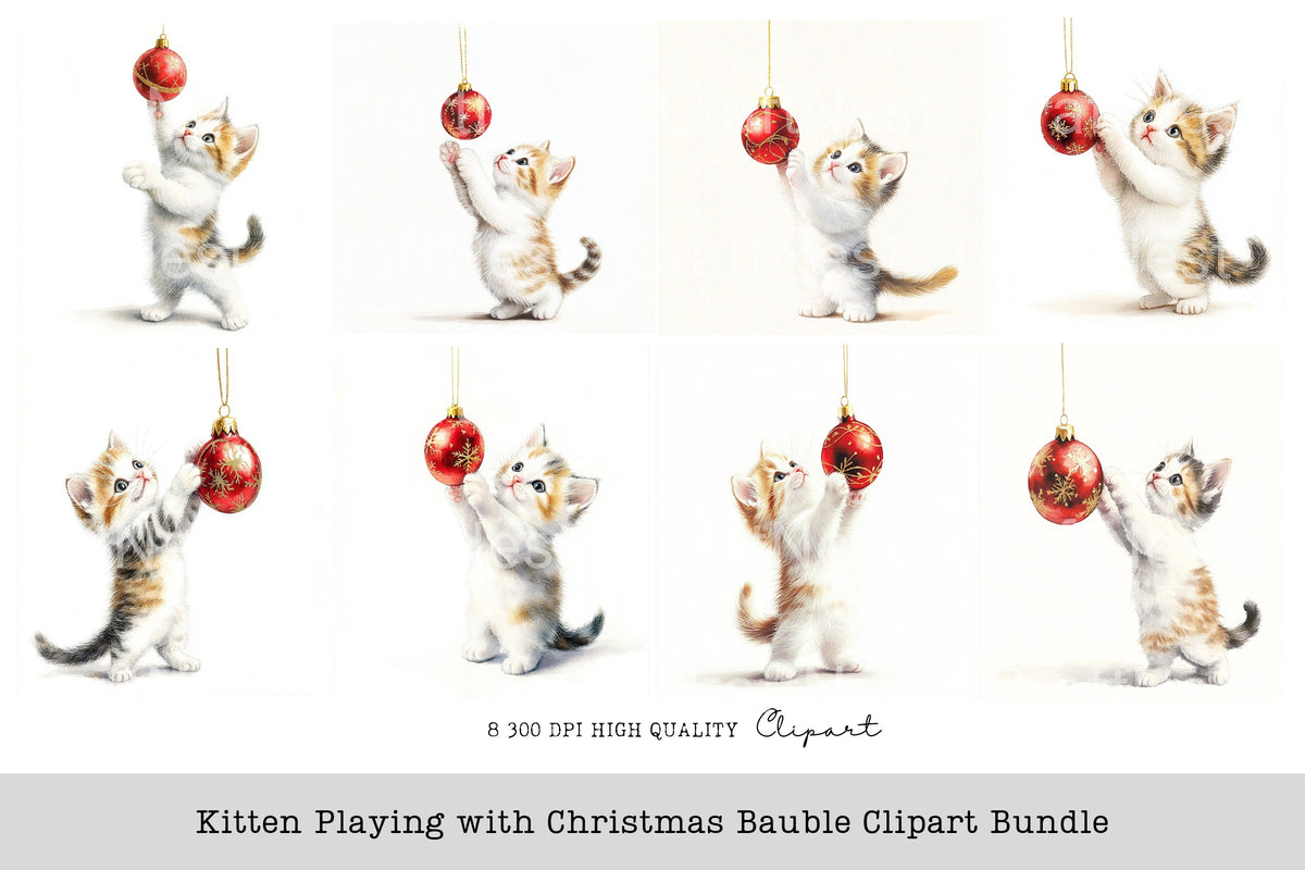 Kitten Playing With Christmas Bauble Clipart Bundle