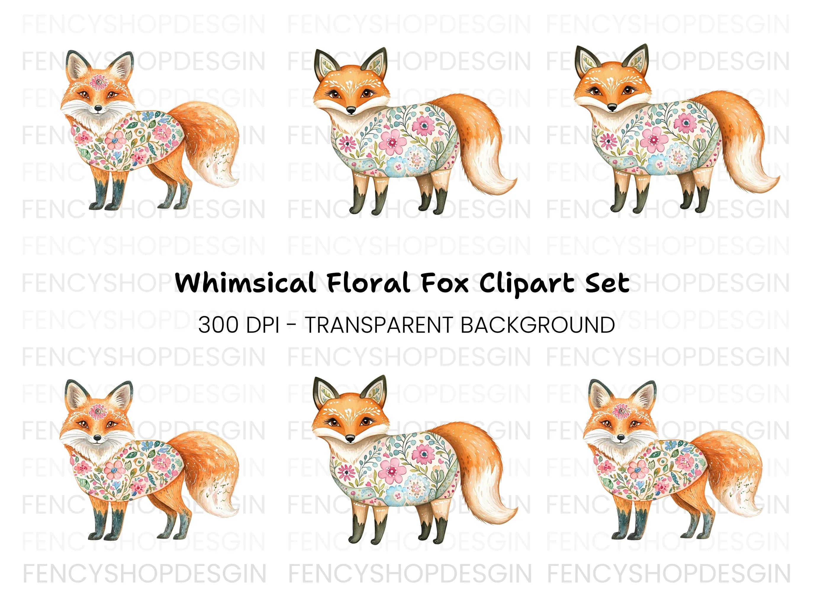 Floral Foxes Clipart Bundle