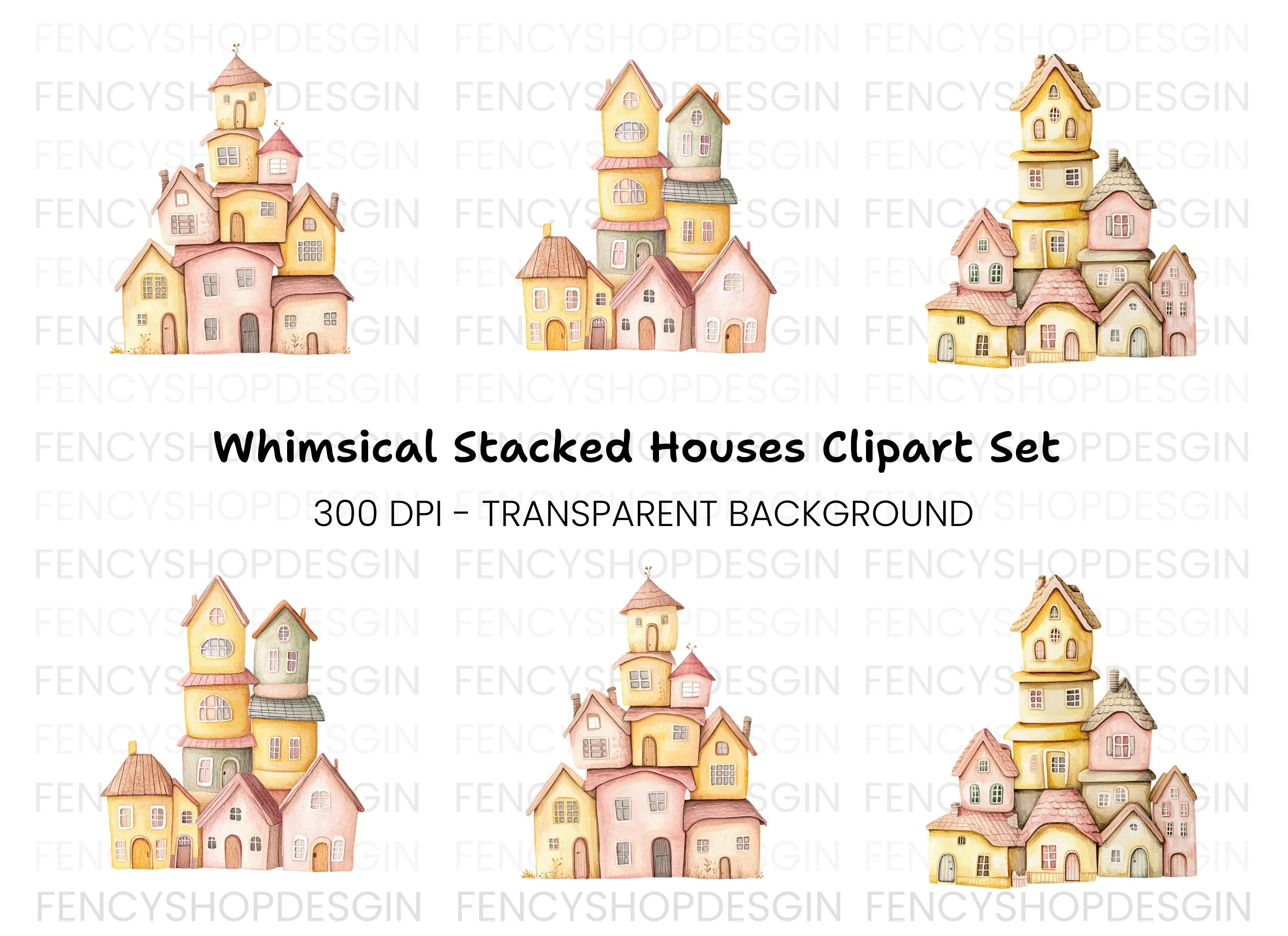 Whimsical Stacked Houses Clipart Bundle