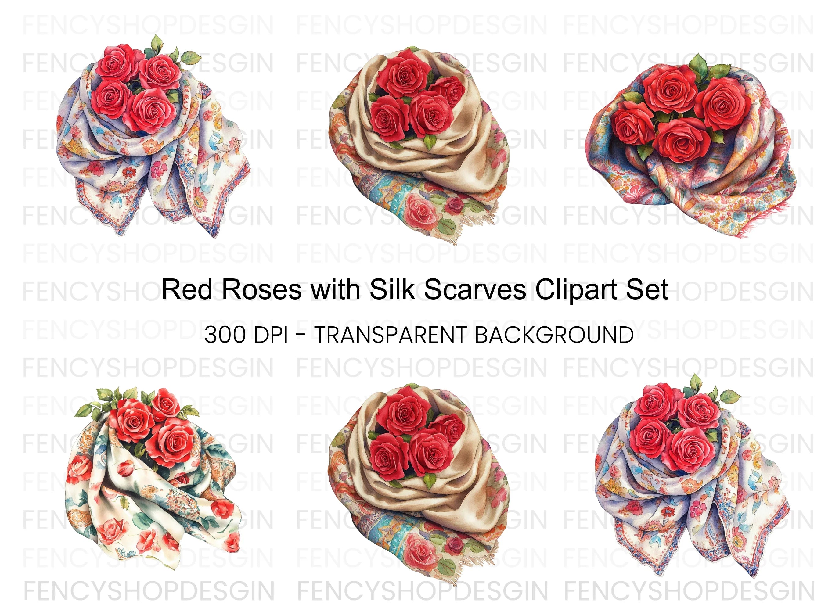 Red Roses in Decorative Scarves Clipart Bundle
