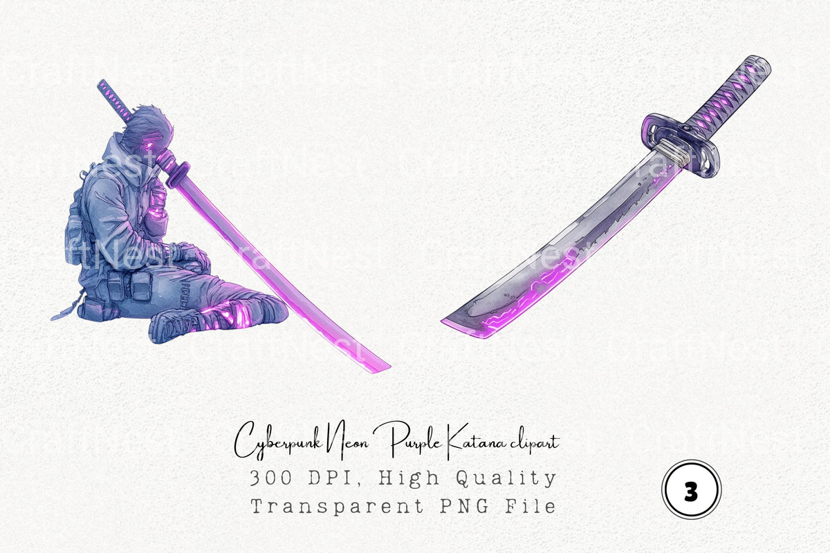 Cyberpunk Neon Purple Katana Clipart Bundle