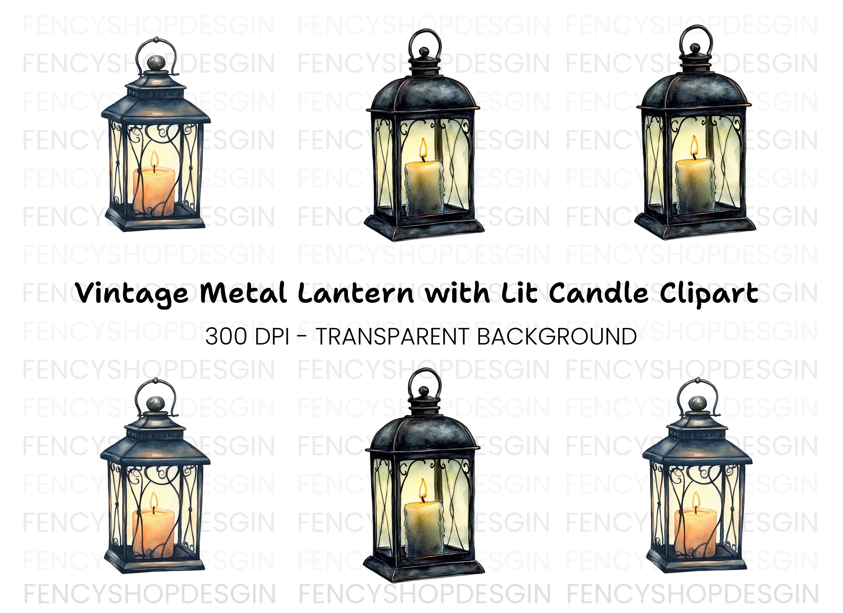 Vintage Lantern with Lit Candle Clipart Bundle