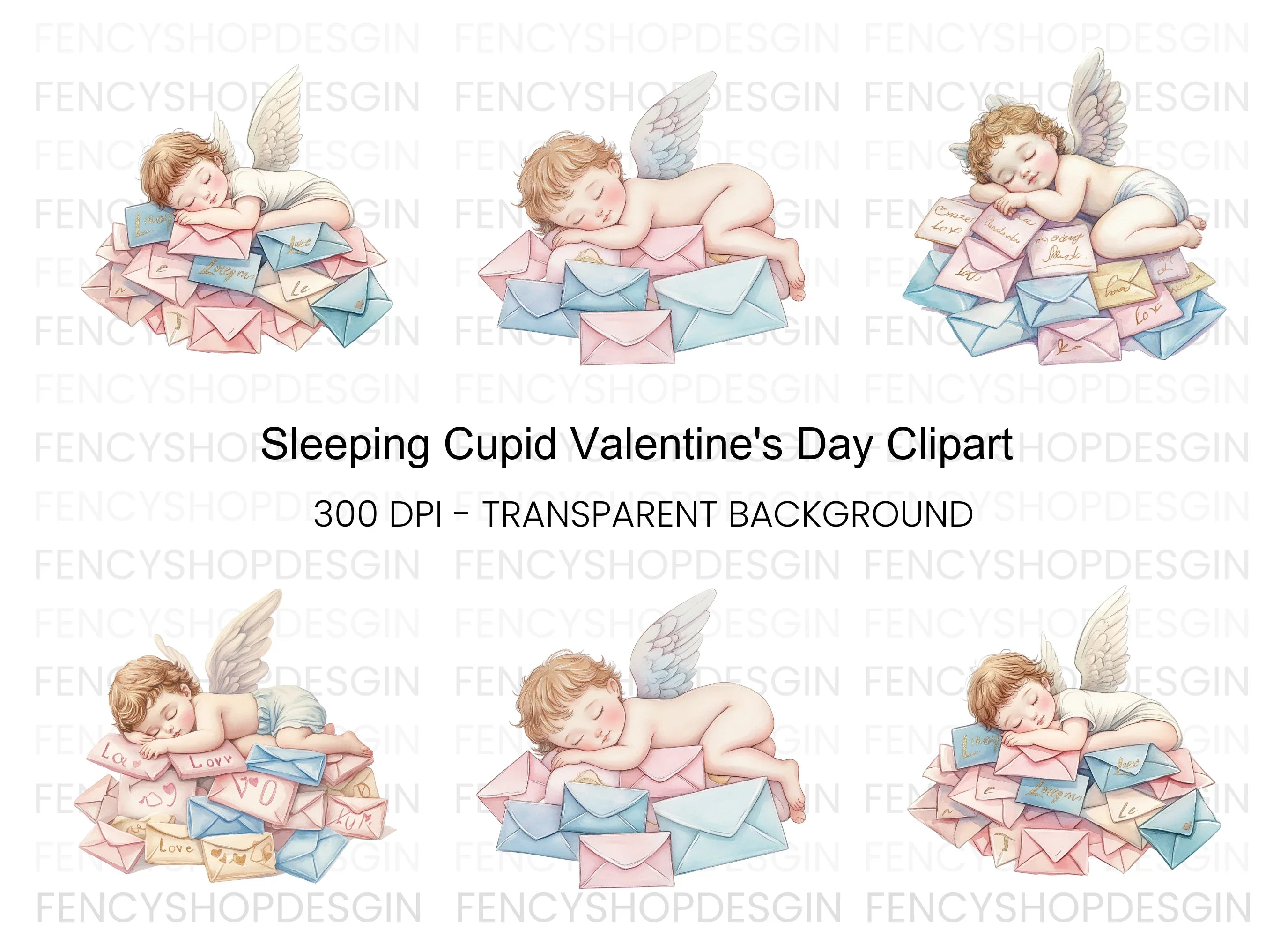 Sleeping Cherubs on Love Letter Piles Clipart Bundle