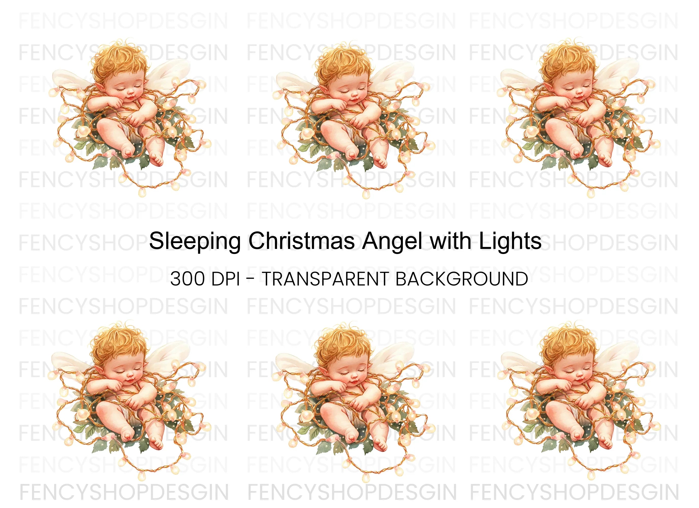 Sleeping Baby Angel with Fairy Lights Clipart Bundle