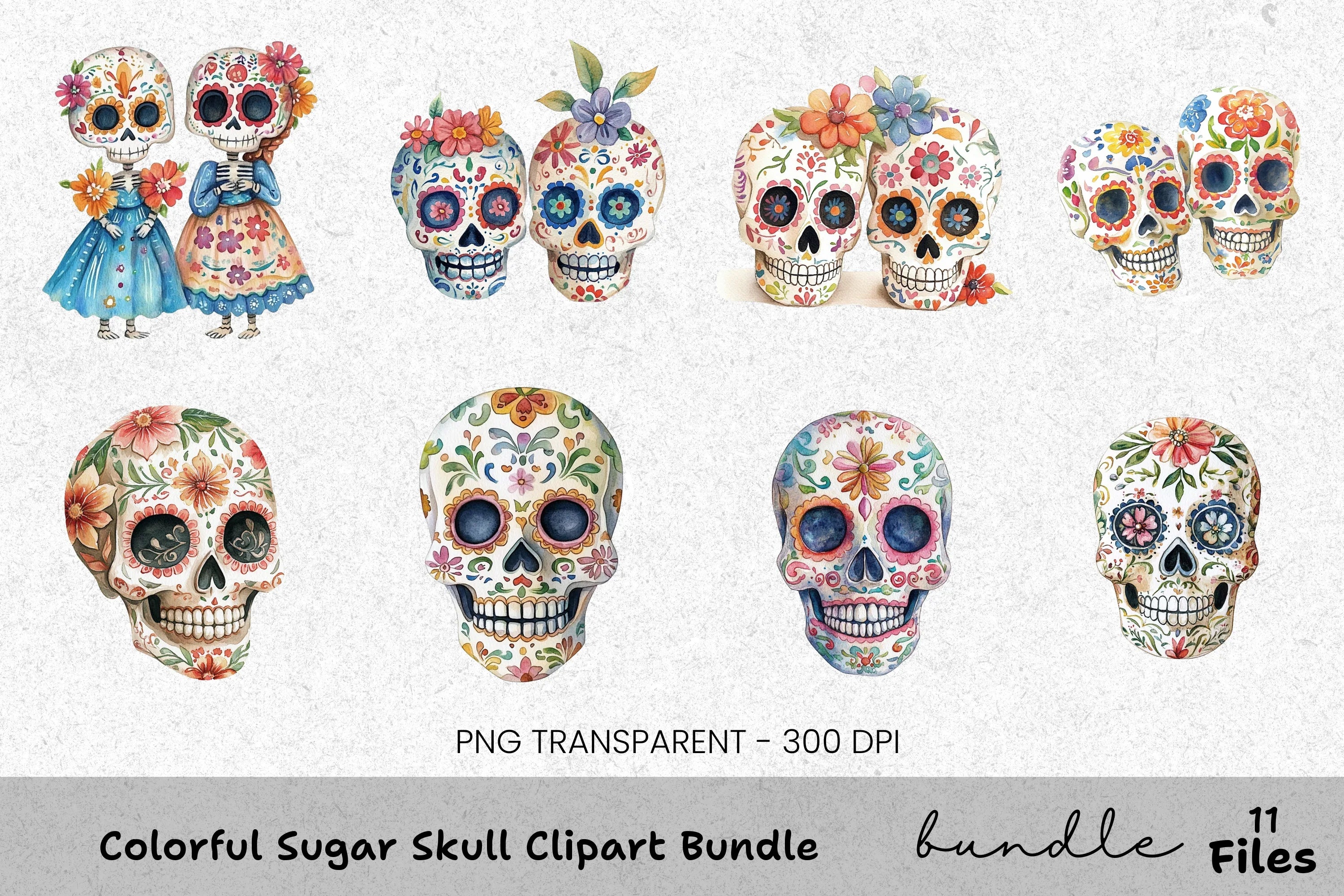Colorful Sugar Skull Clipart Bundle
