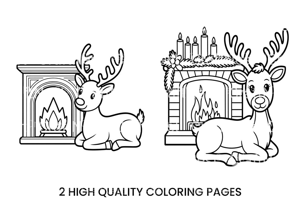 Cute Reindeer by Fireplace Coloring Books