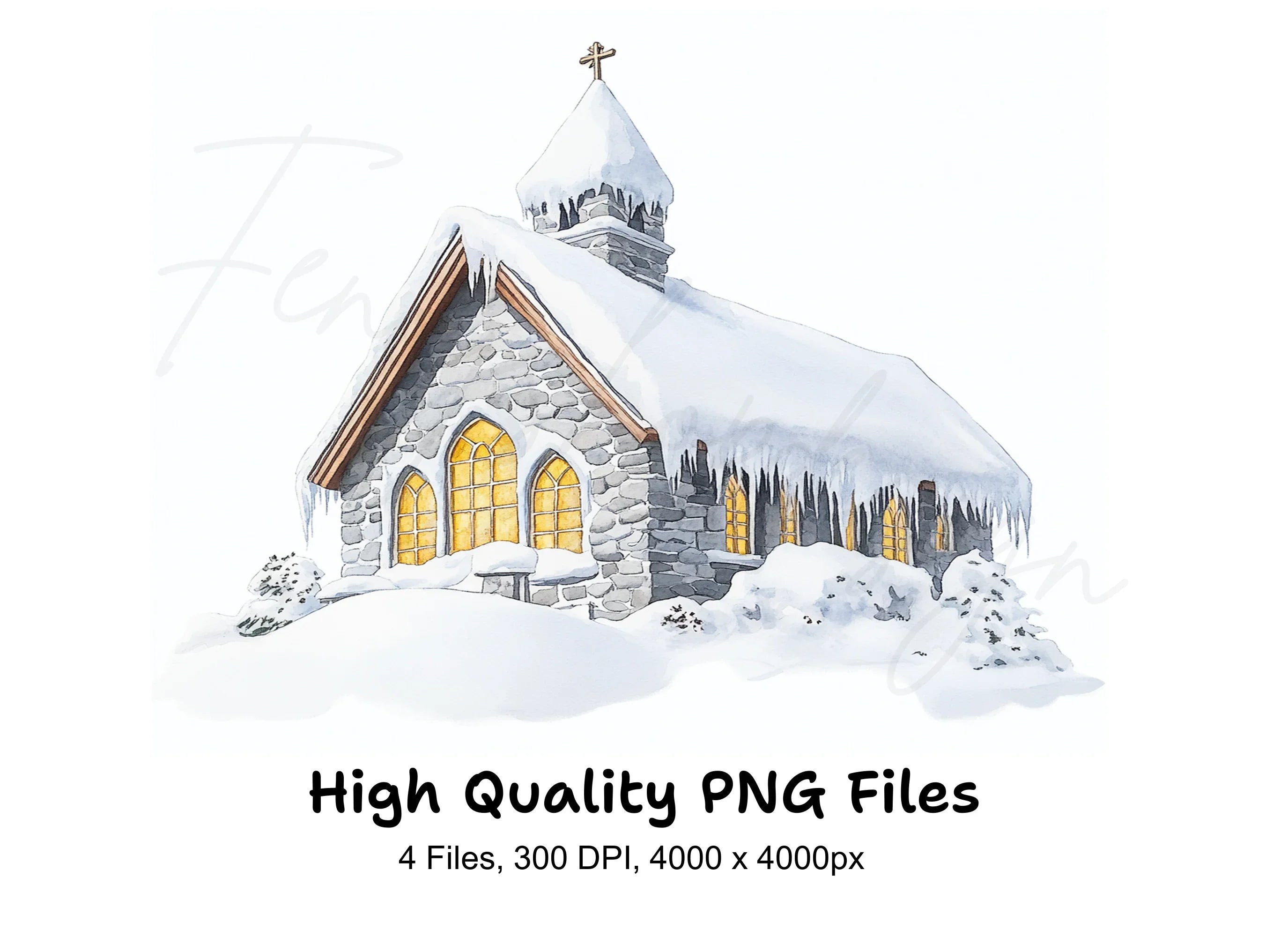 Snow Covered Stone Churches Clipart Bundle