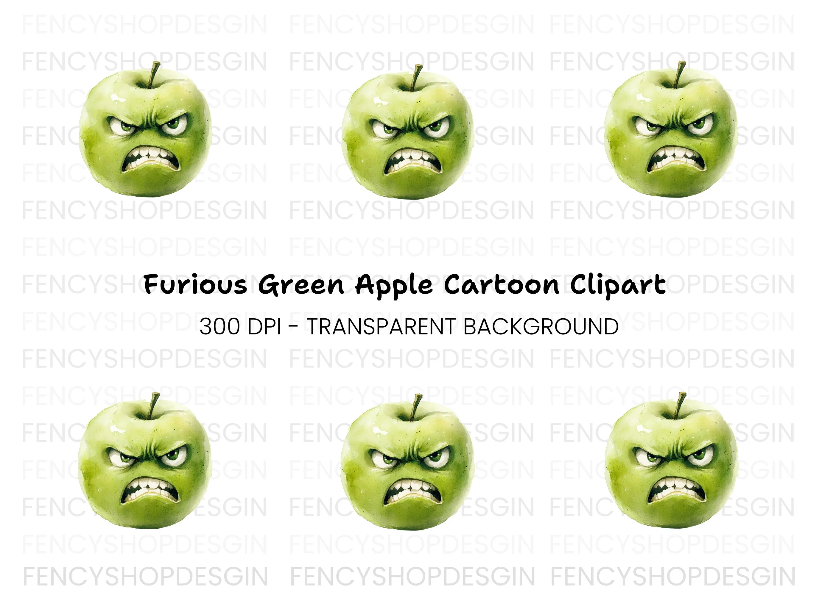 Angry Green Apple Cartoon Clipart Bundle