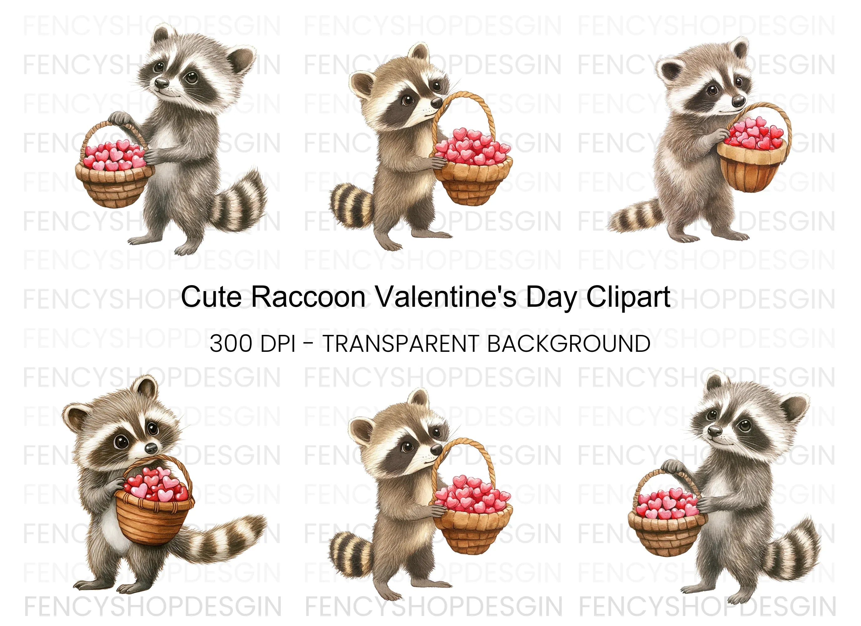 Cute Raccoon Heart Basket Clipart Bundle