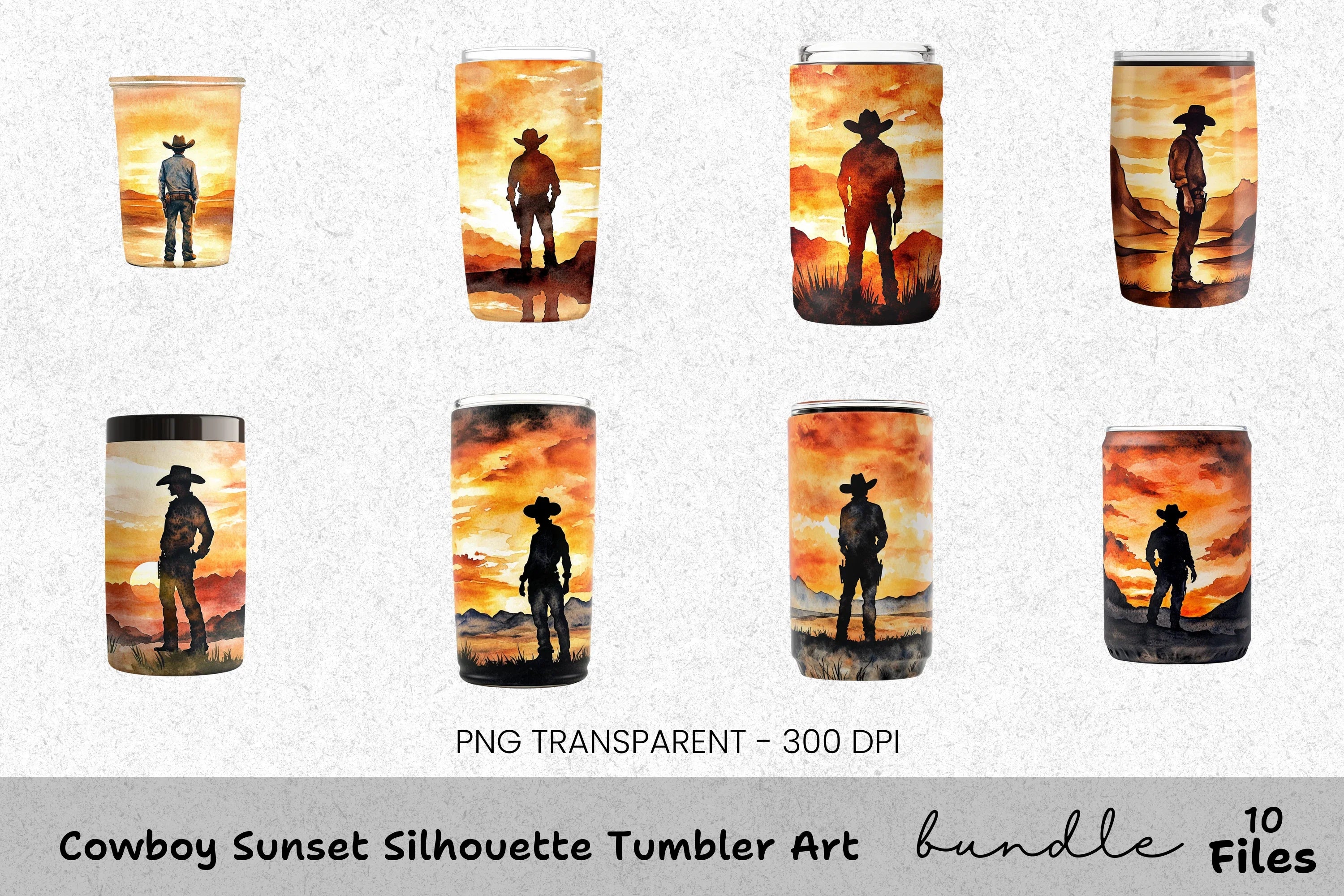 Cowboy Sunset Silhouette Tumbler Clipart Bundle