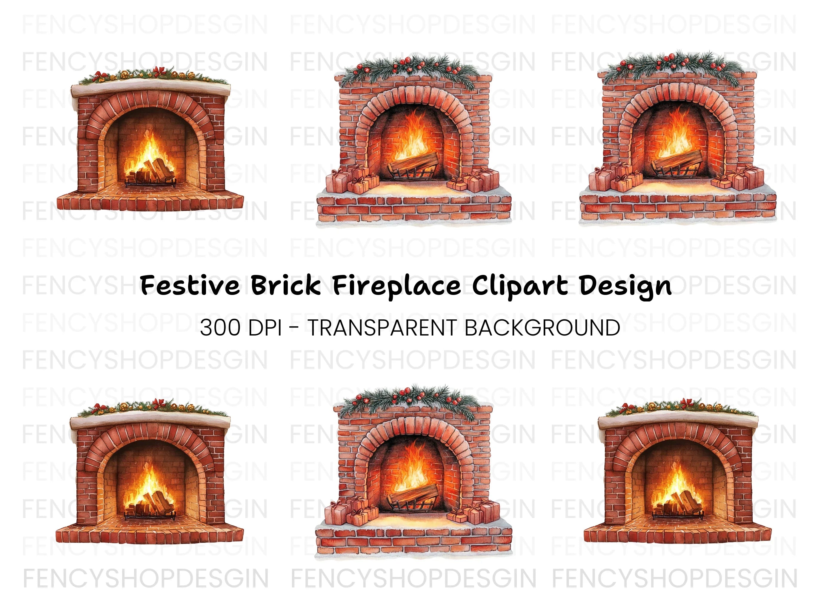 Festive Fireplace with Gifts Clipart Bundle
