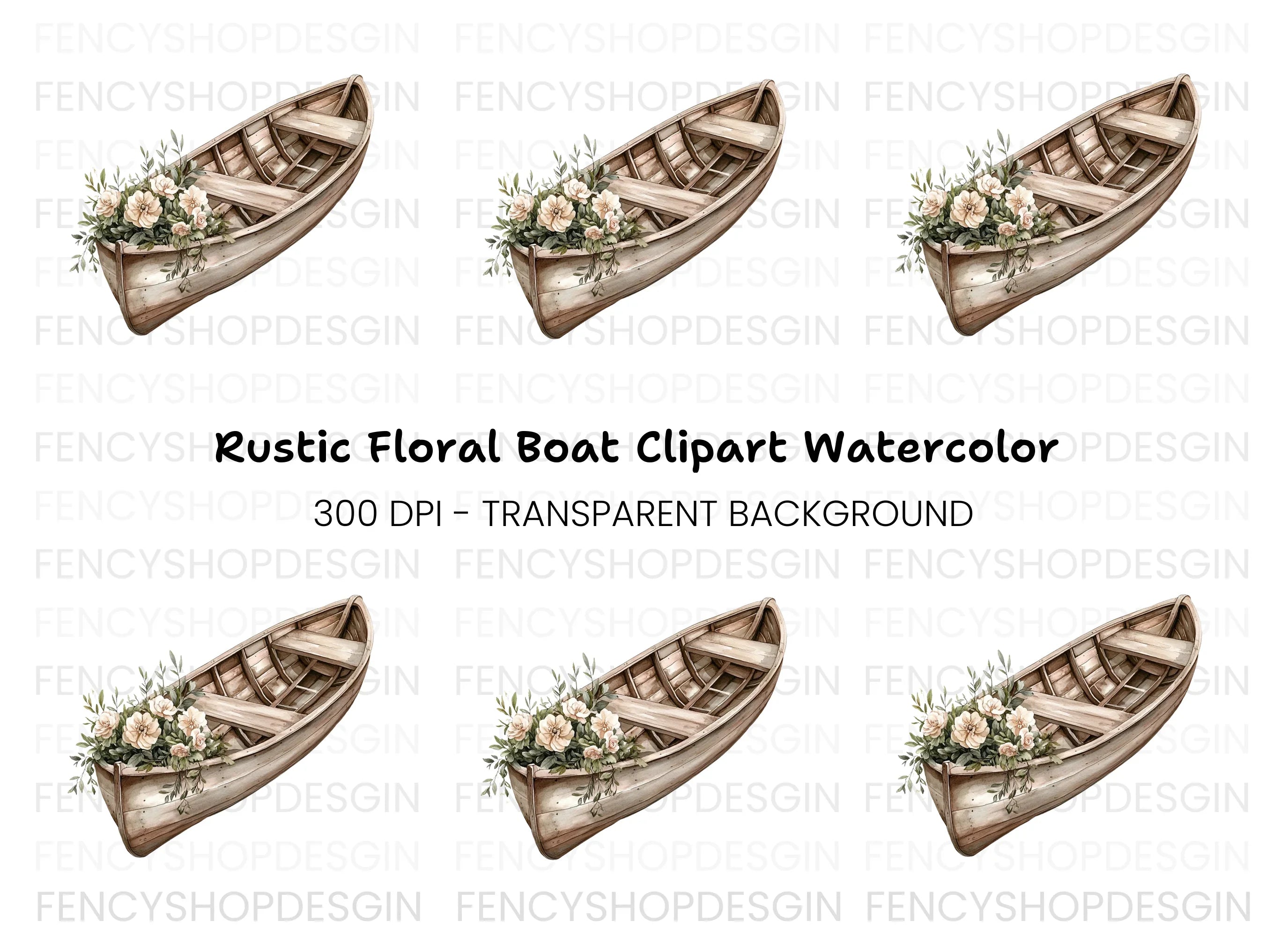 Rustic Wooden Boat with Neutral Flowers Clipart Bundle