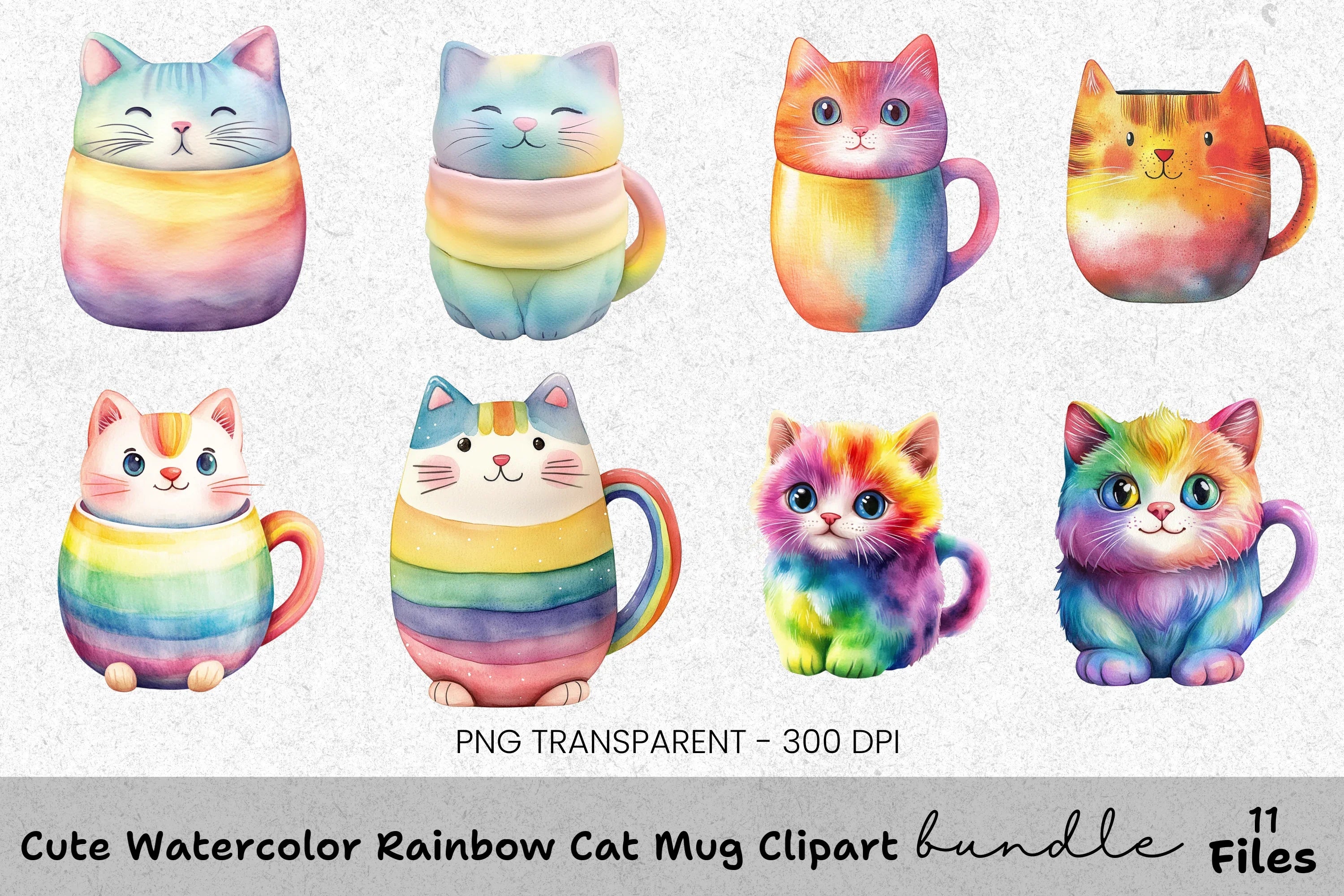 Cute Rainbow Cat Clipart Bundle