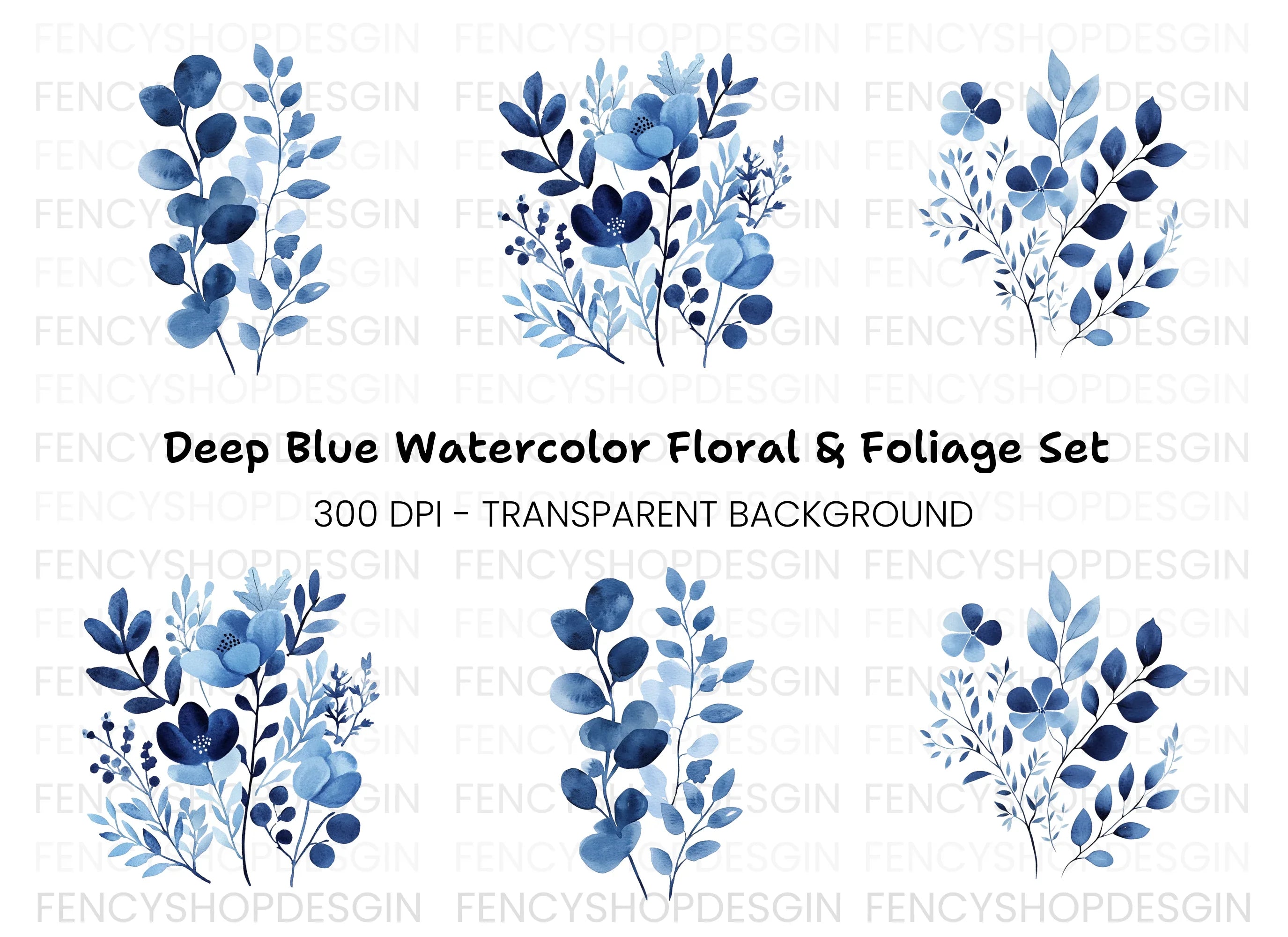 Blue Floral Clipart Bundle
