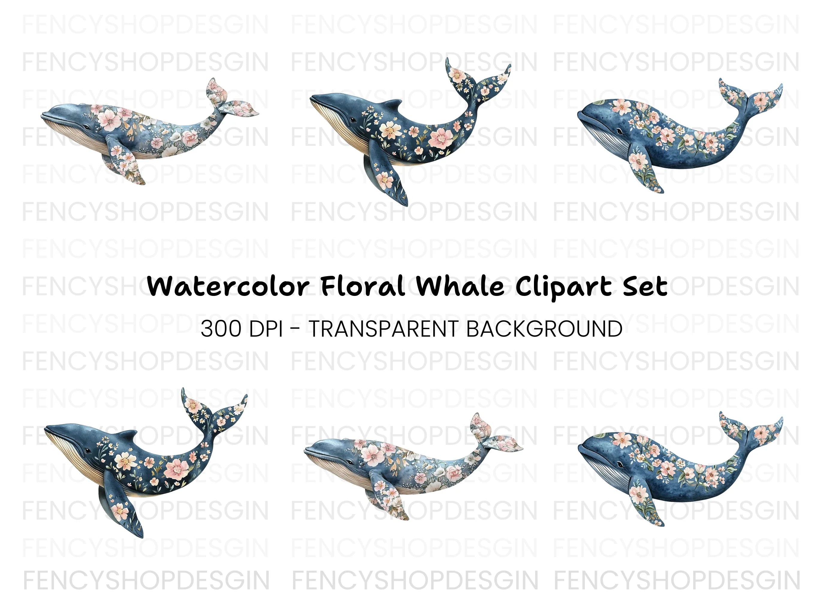 Floral Whale Clipart Bundle