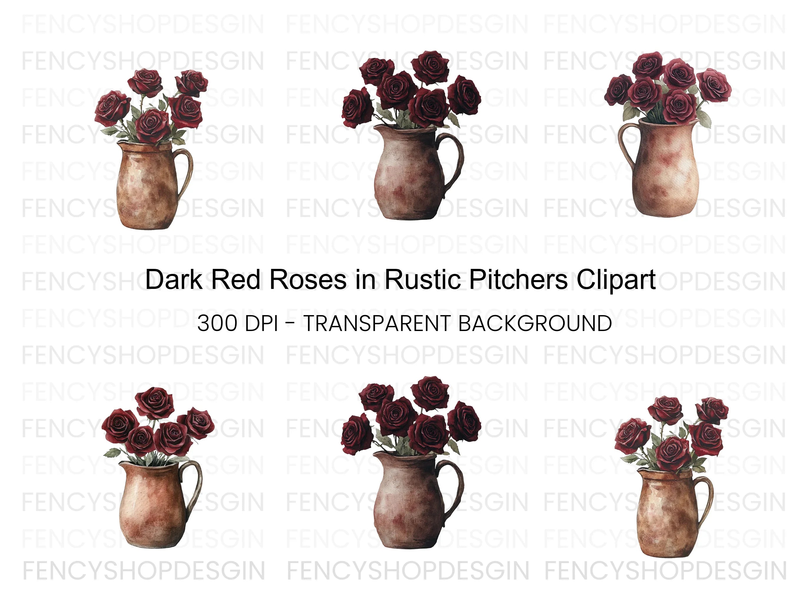 Dark Red Roses in Rustic Pitchers Clipart Bundle