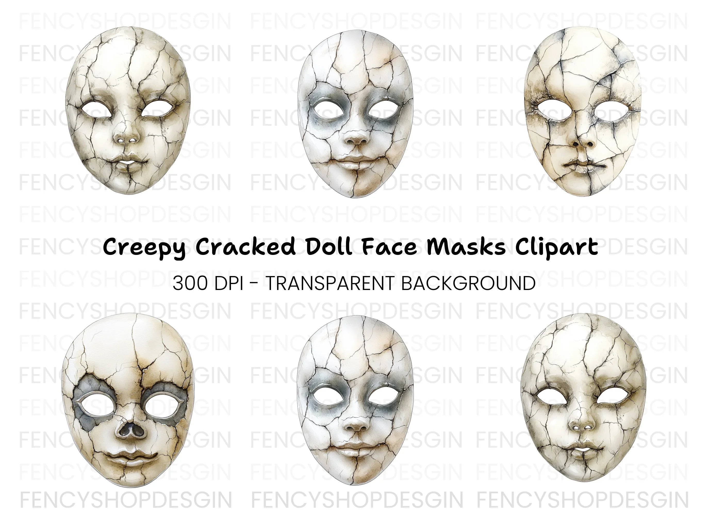 Cracked Porcelain Masks Clipart Bundle