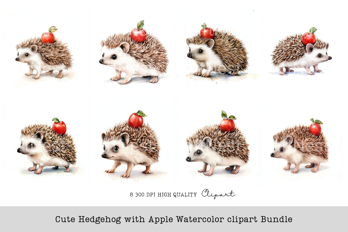 Cute Hedgehog With Apple Clipart Bundle