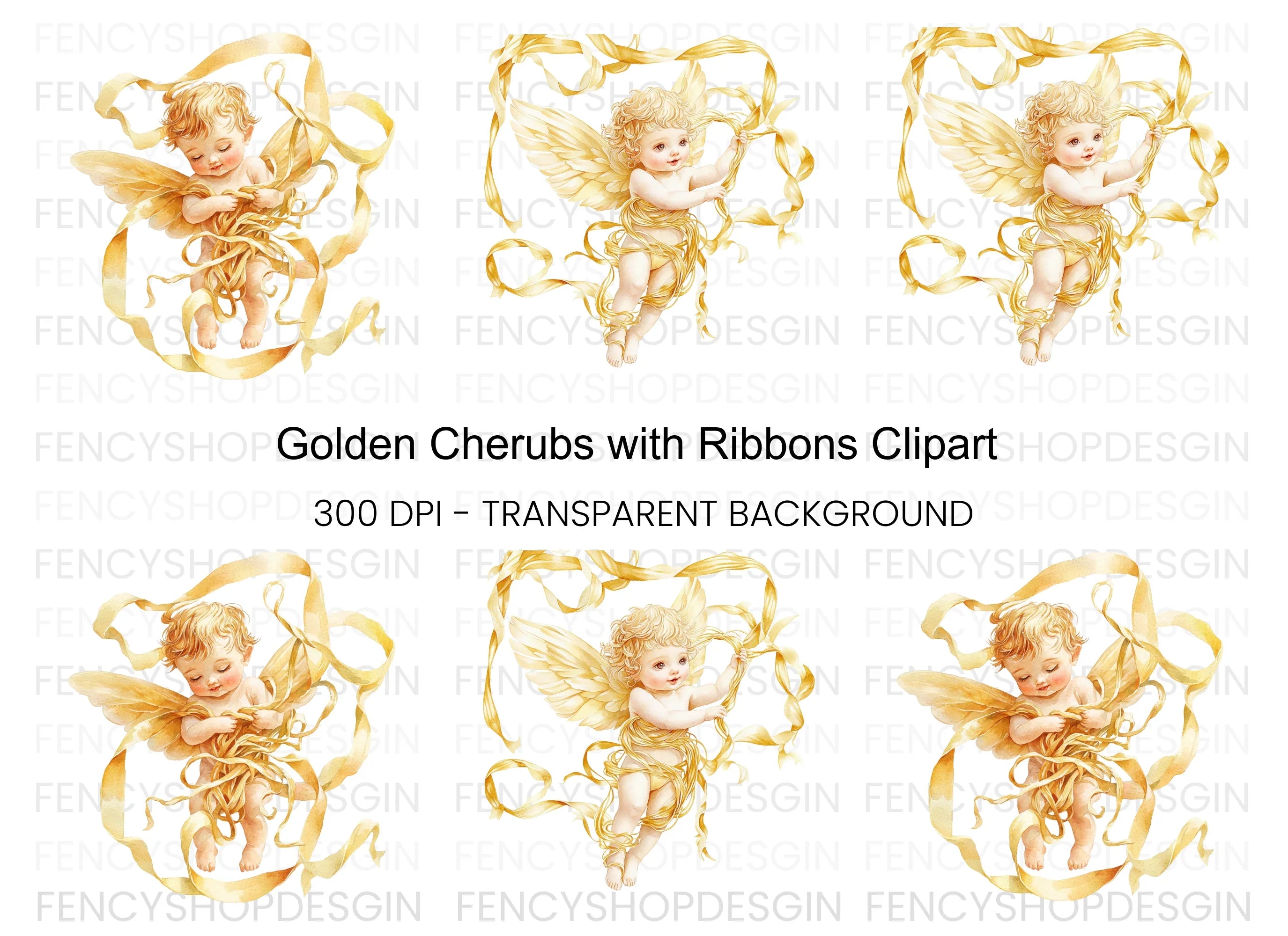 Golden Angel Cherubs with Ribbons Clipart Bundle