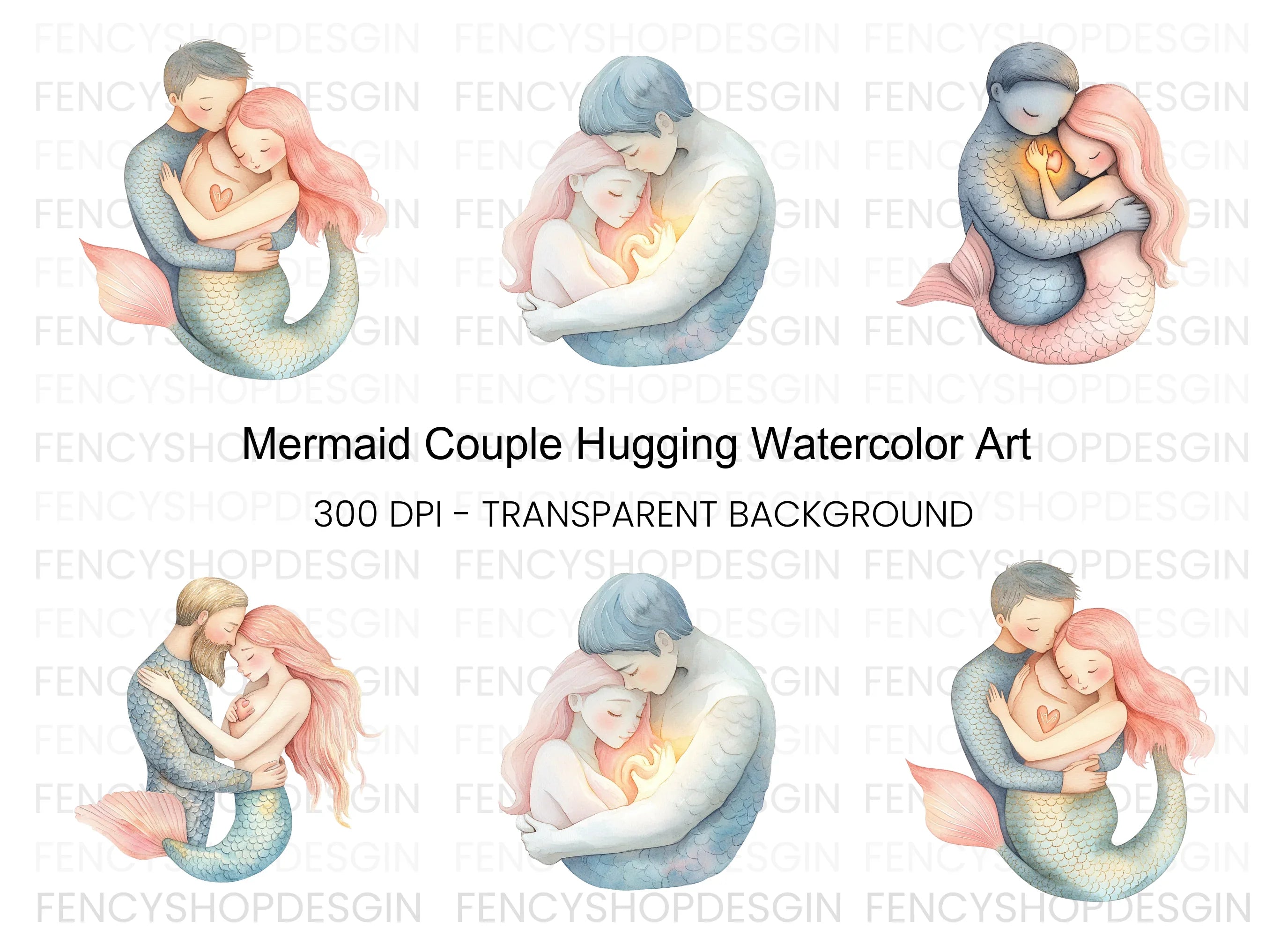 Mermaid Couple Love Hug Clipart Bundle