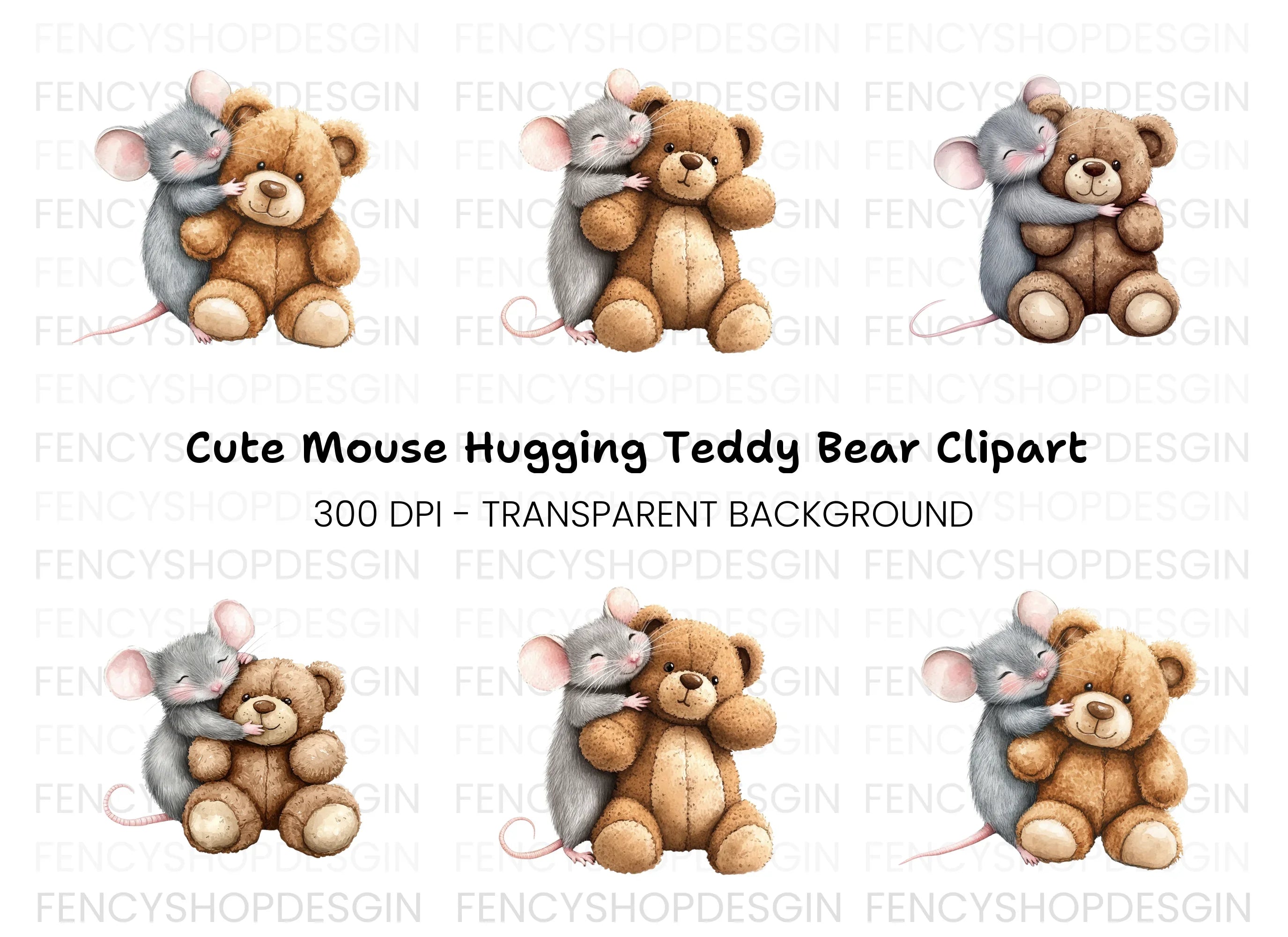 Cute Mice Hugging Teddy Bears Clipart Bundle