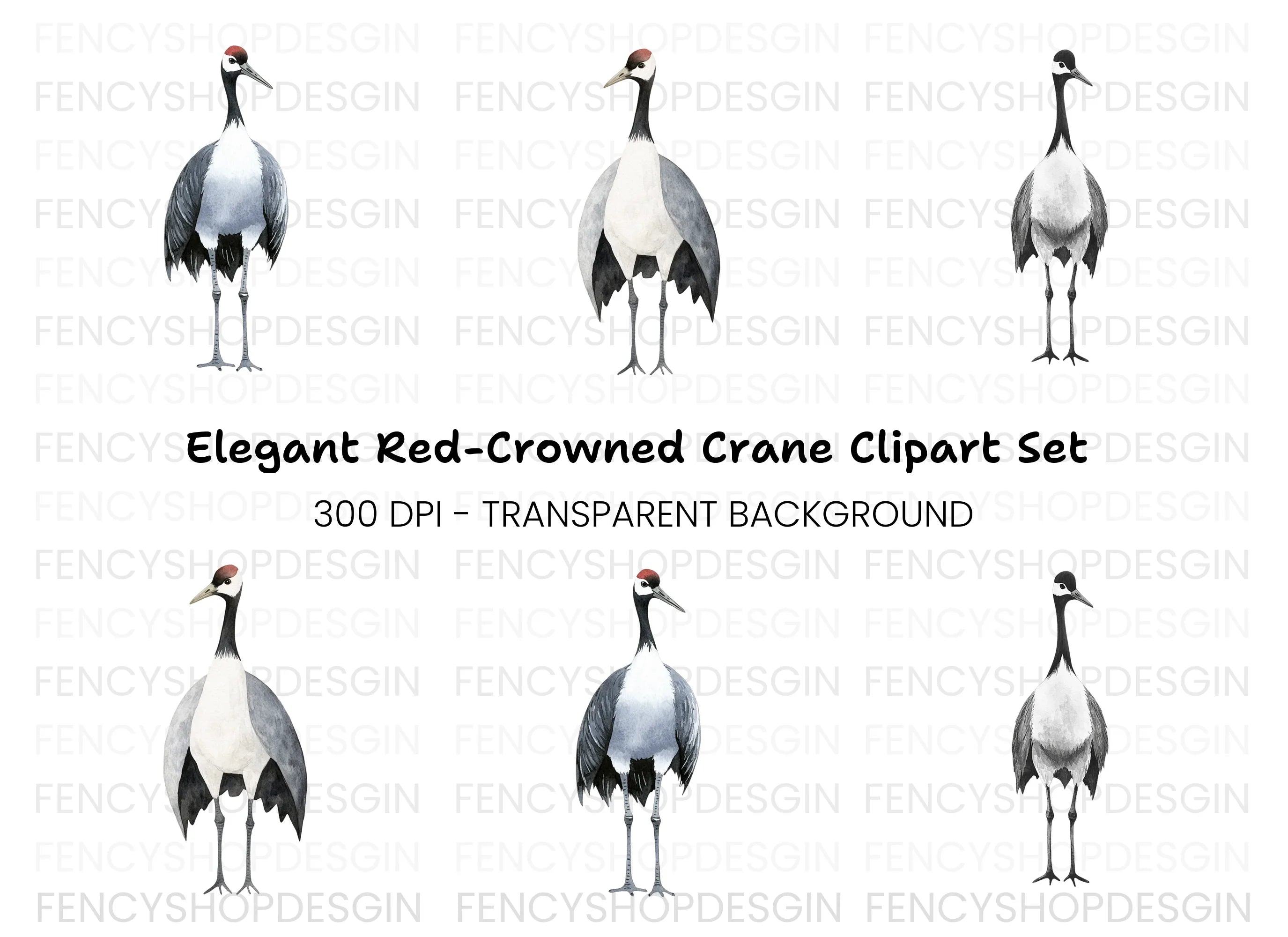 Elegant Red Crowned Crane Clipart Bundle