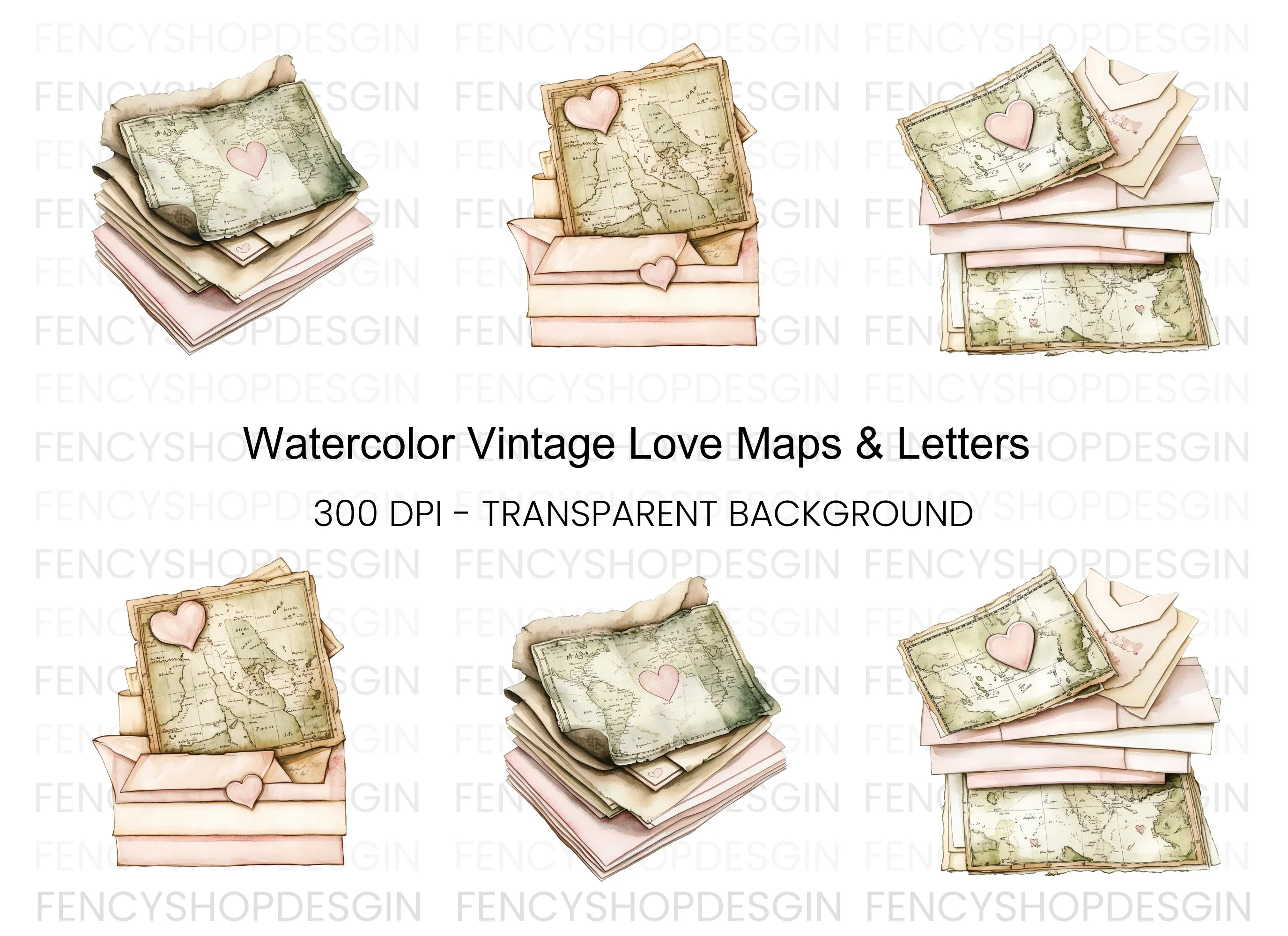 Vintage Love Letters Map Clipart Bundle