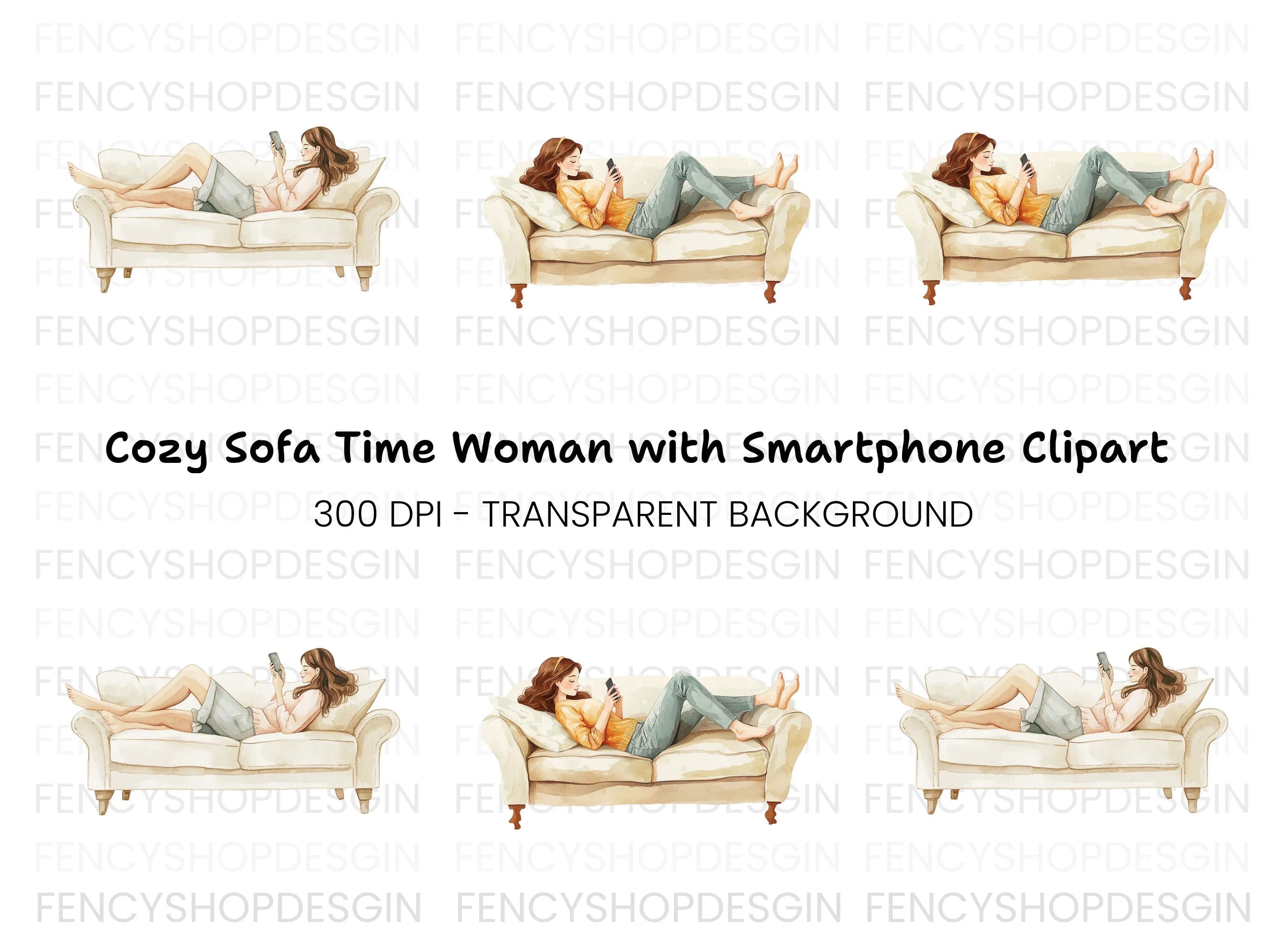 Relaxing on Sofa with Phone Clipart Bundle