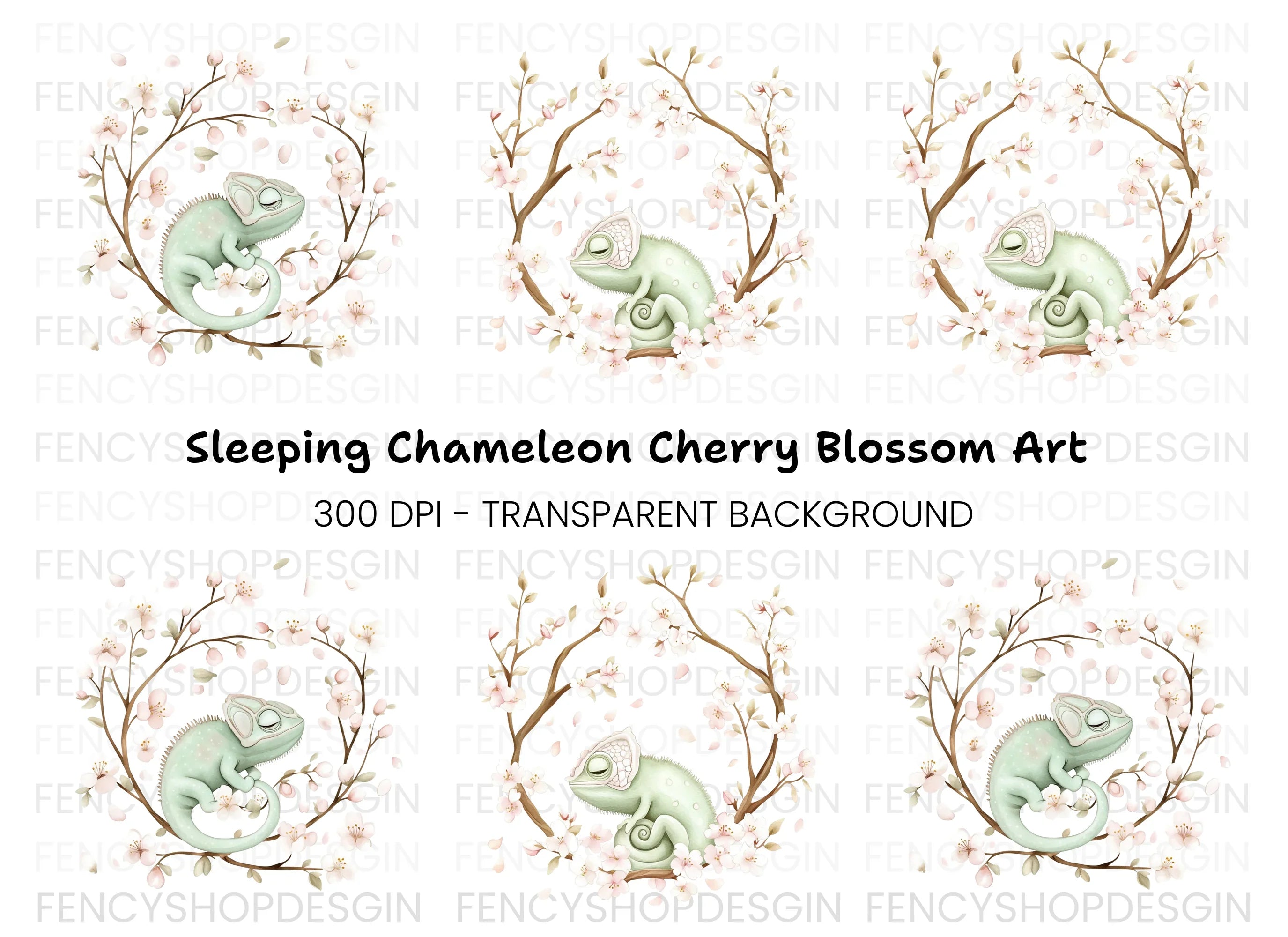 Sleeping Chameleon Cherry Blossom Clipart Bundle
