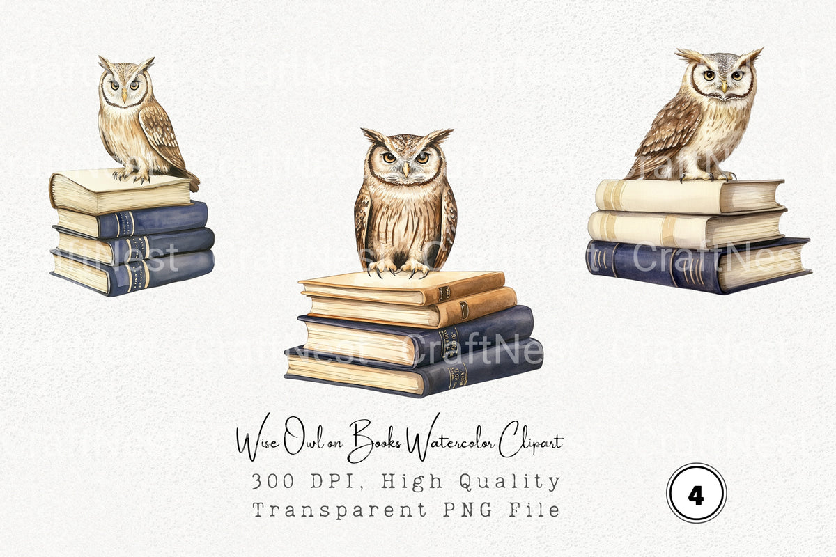 Wise Owl On Books Watercolor Clipart Planner