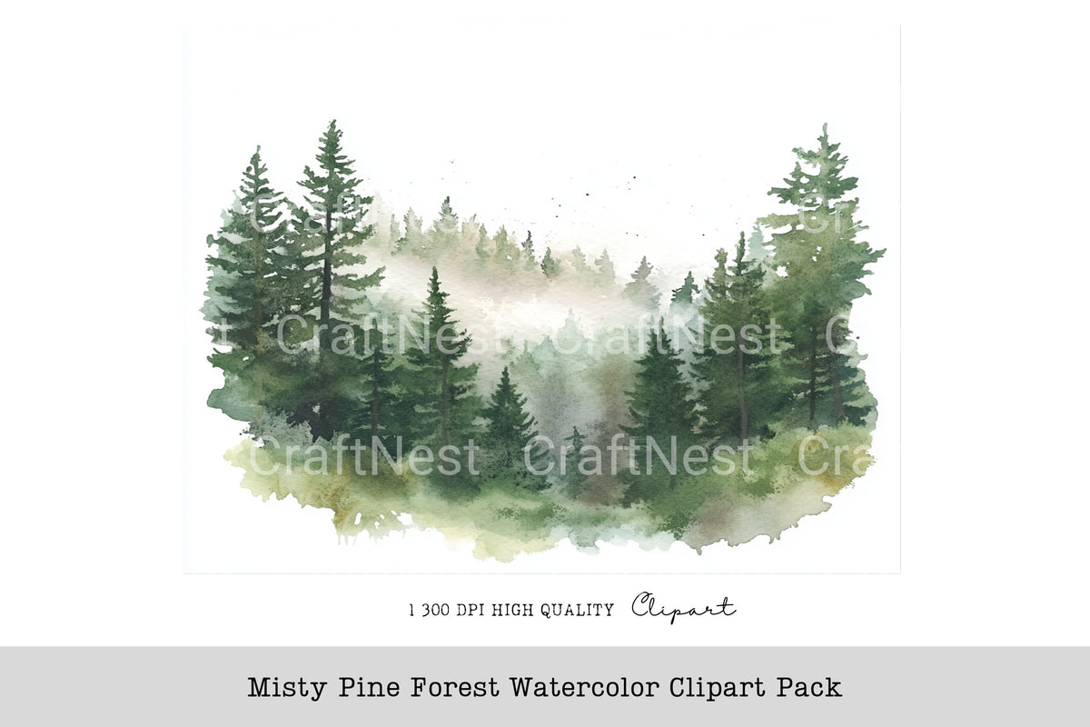 Misty Pine Forest Elements Clipart Bundle